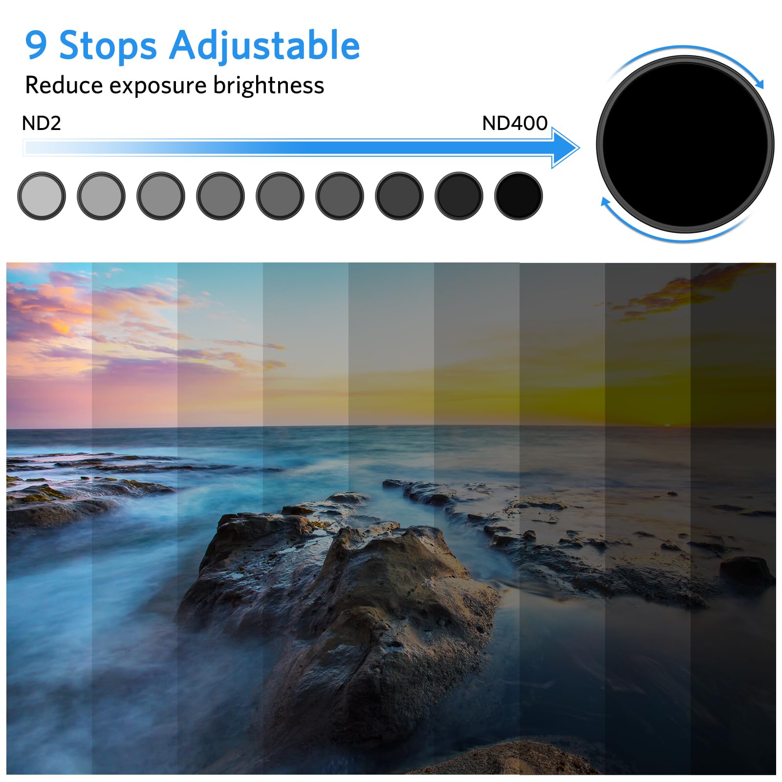 ARTCISE Filtre ND Variable 49 mm Ultra Mince ND2-ND400 HD Réglable Fader Filtres à densité Neutre pour Objectif