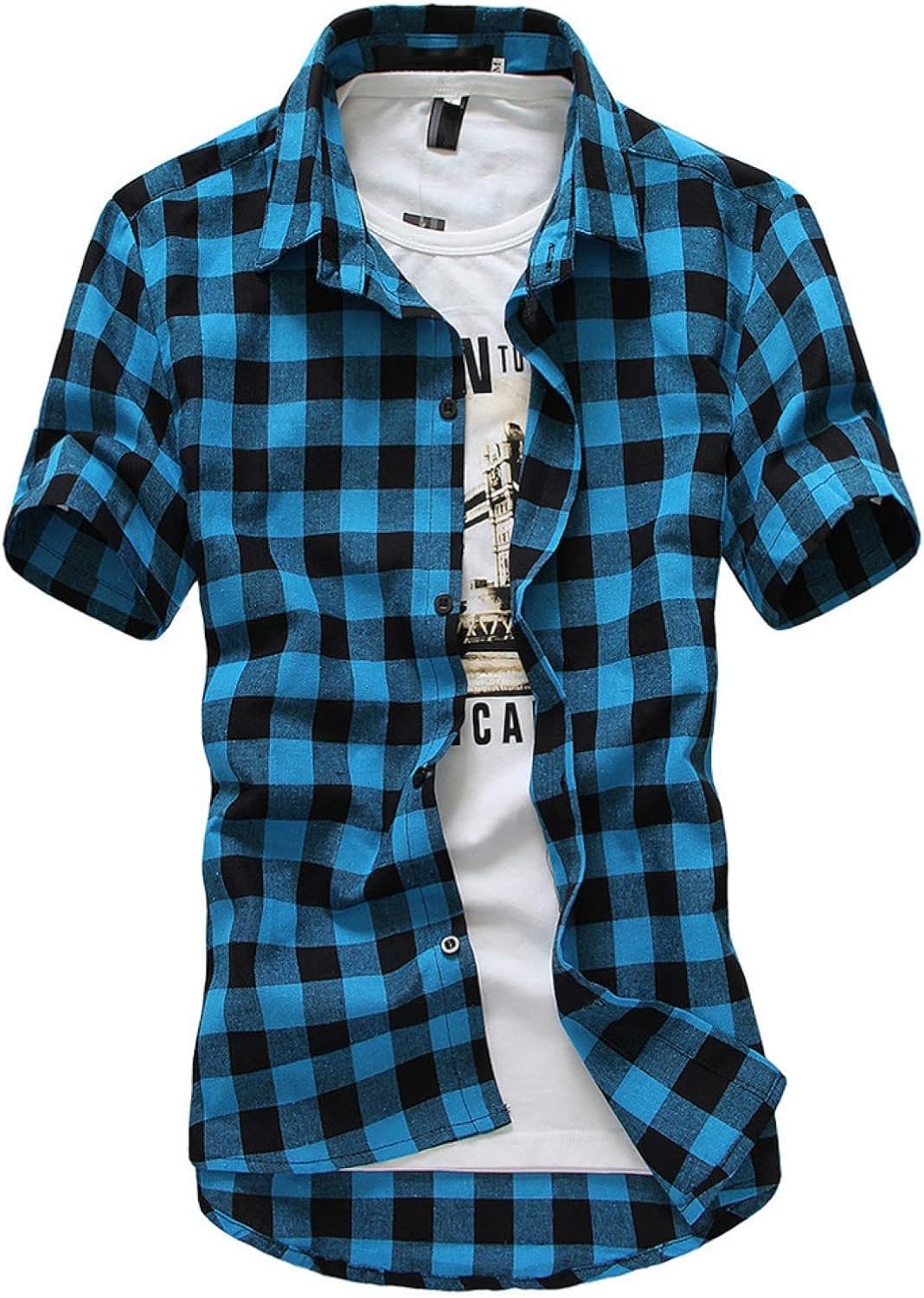 Day Costume Men Male Short Sleeve Lattice Plaid Painting Large Size Casual Top Blouse Shirts Sky Blue : Clothing, Shoes & Jewelry