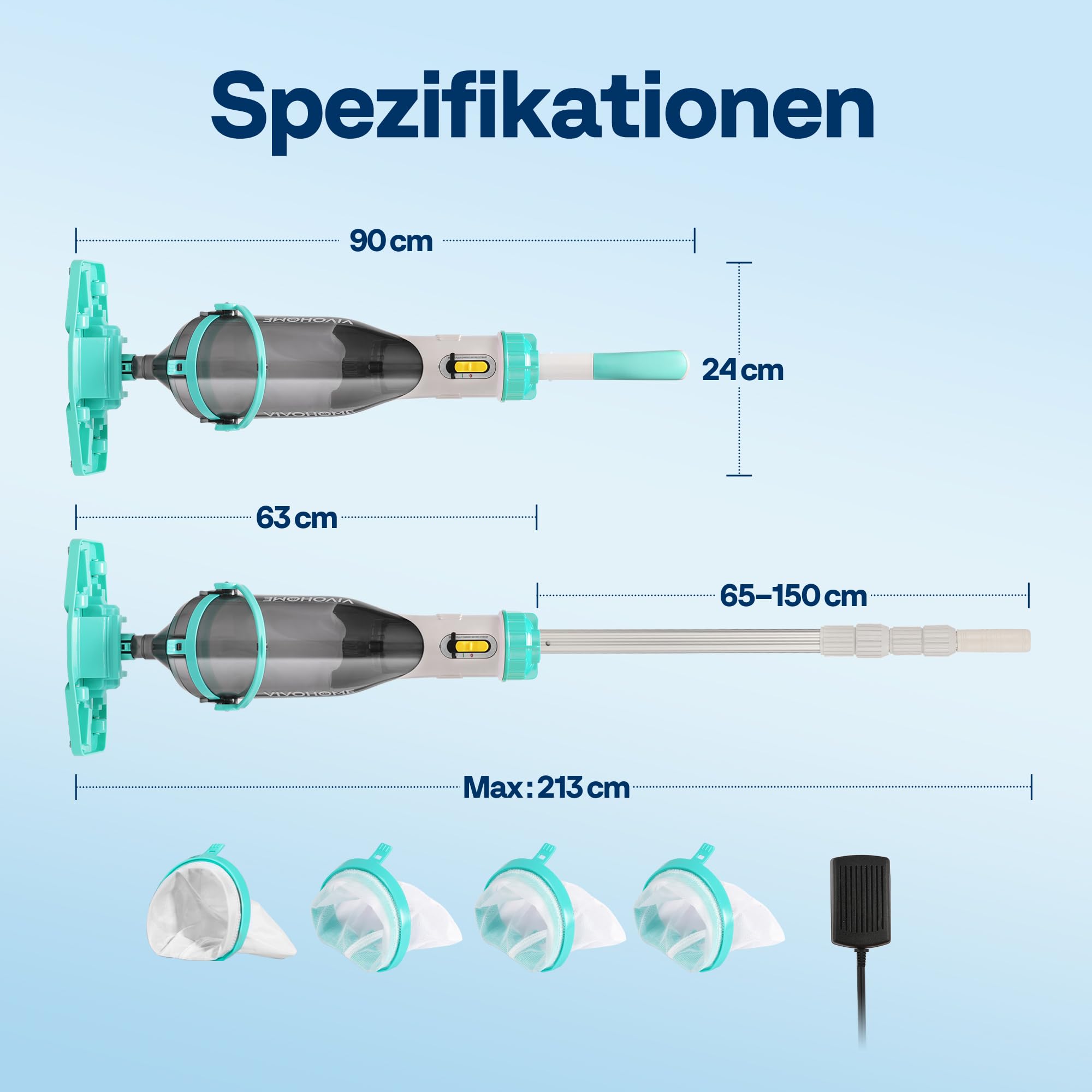 VIVOHOME 213cm Kabelloser Poolsauger Absaugung bis zu 70LPM tragbar Poolreiniger mit 4 Filterbeutel für Pool Whirlpools Schwimmbad und Spa