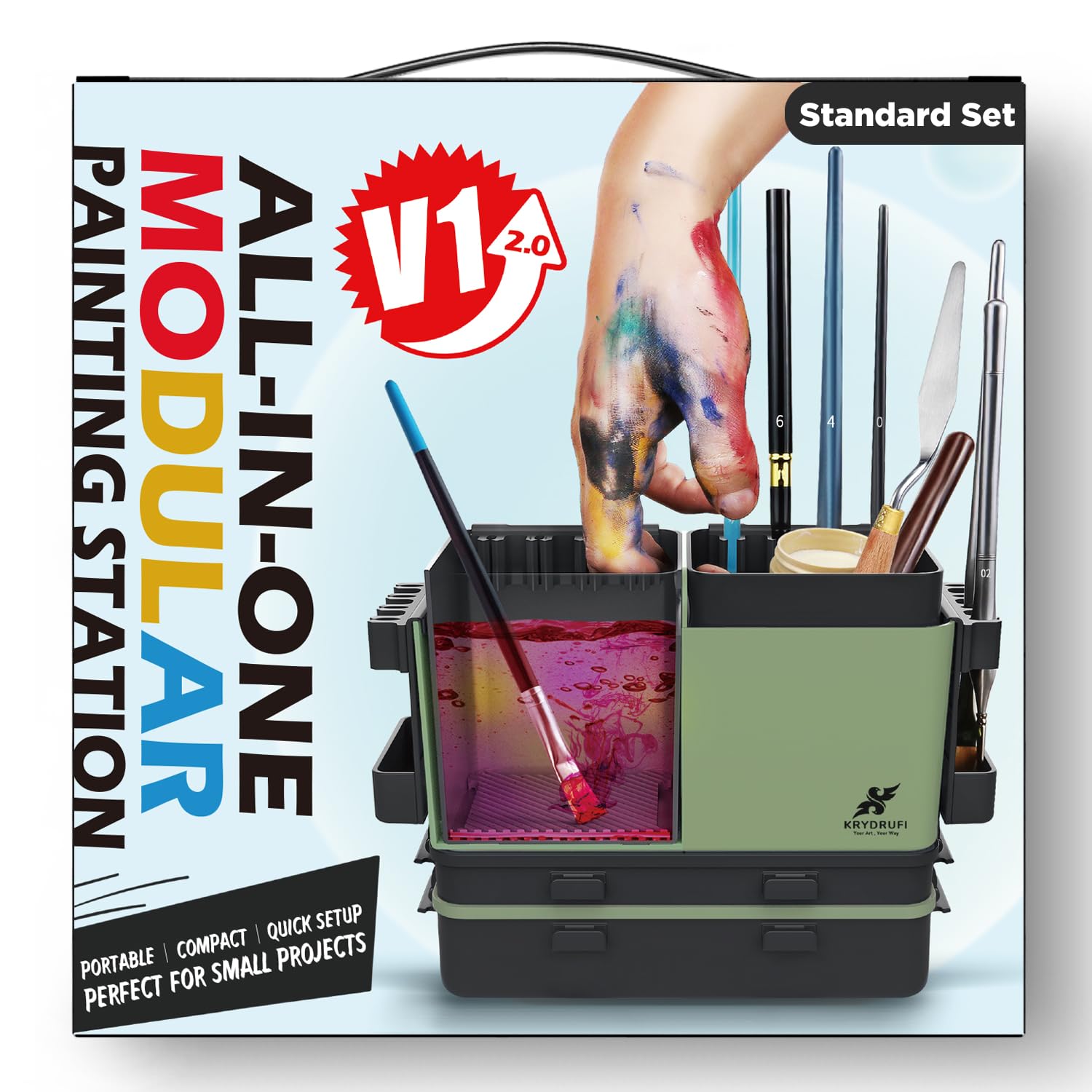 Station de peinture modulaire portable tout-en-un avec nettoyeur de pinceaux et supports, plateau de palette de peinture humide avec couvercle pour peinture miniature et peintures acryliques