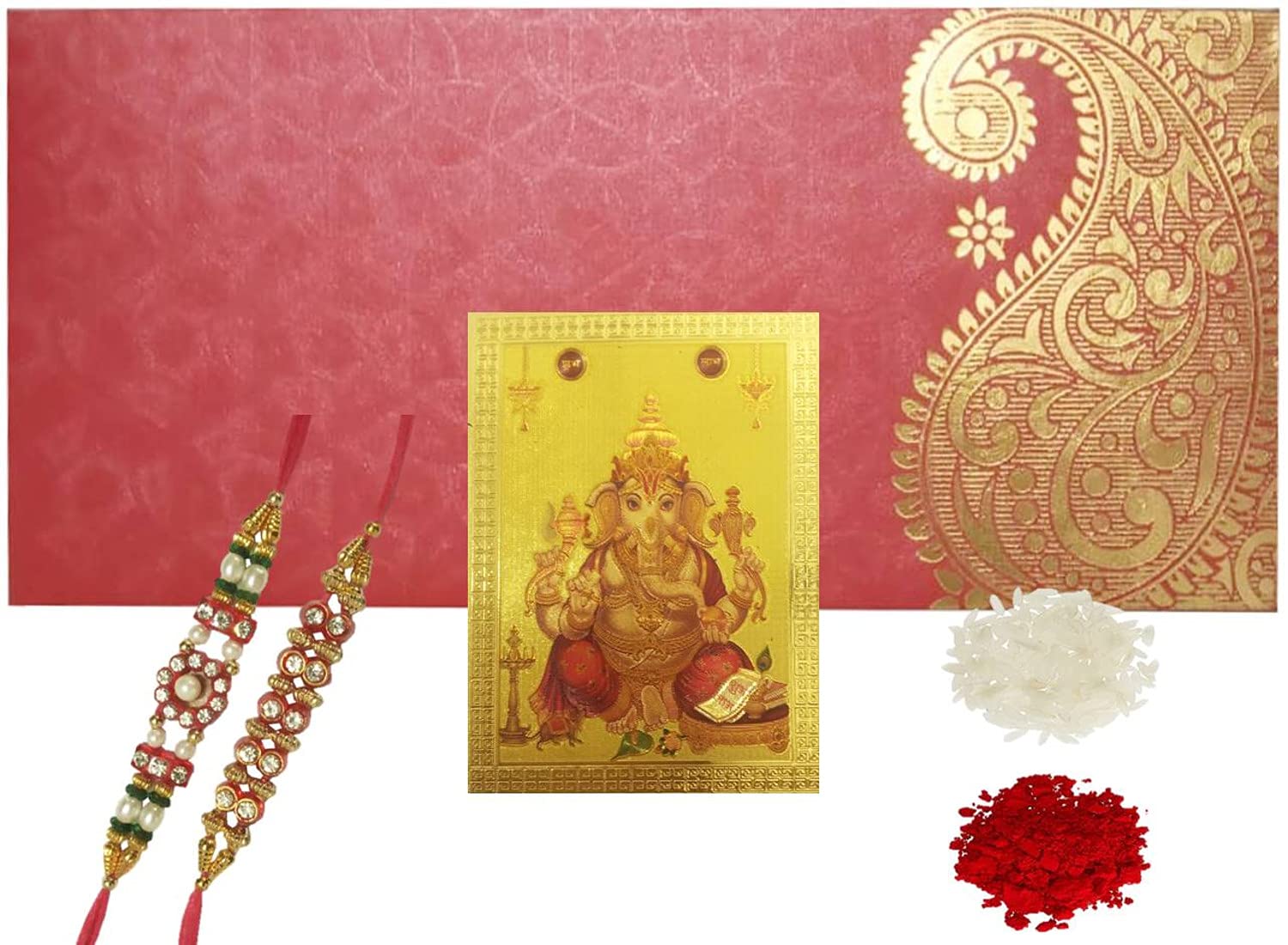 Bhai Dooj Rakhi Set for Brother: 2 Rakshabandhan Bracelets, Ganesha Sticker, Roli Chawal Tika (rakhi80a)