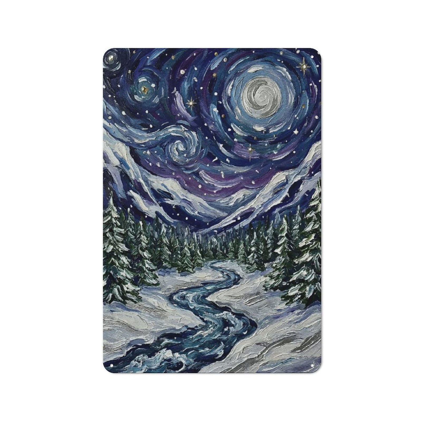 Junmoney Style-2 Tin Wall Plaque 30X20cm With Starry Night Winter Landscape For Café Or Restaurant, Housewarming Present For People Styling Café And Restaurant