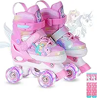 Patins infantis para meninas de 5 a 8 anos, 3 a 5 anos, patins ajustáveis para iniciantes e meninos, unicórnio sereia, arco-íris, presente para esportes internos e externos