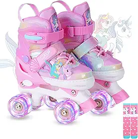 Patins infantis para meninas de 5 a 8 anos, 3 a 5 anos, patins ajustáveis para iniciantes e meninos, unicórnio sereia, arco-íris, presente para esportes internos e externos