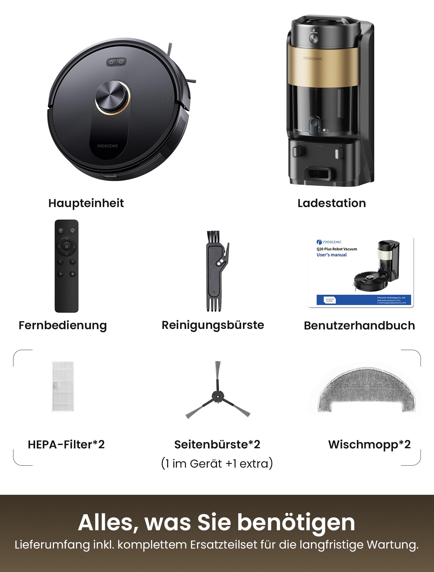 Proscenic Q20 Saugroboter mit Wischfunktion, 10000 Pa Saugkraft 200 min Staubsauger Roboter mit Absaugstation, Hindernisvermeidung, 3-in-1 Saug und Wischroboter für Tierhaare, Teppiche, Hartböden