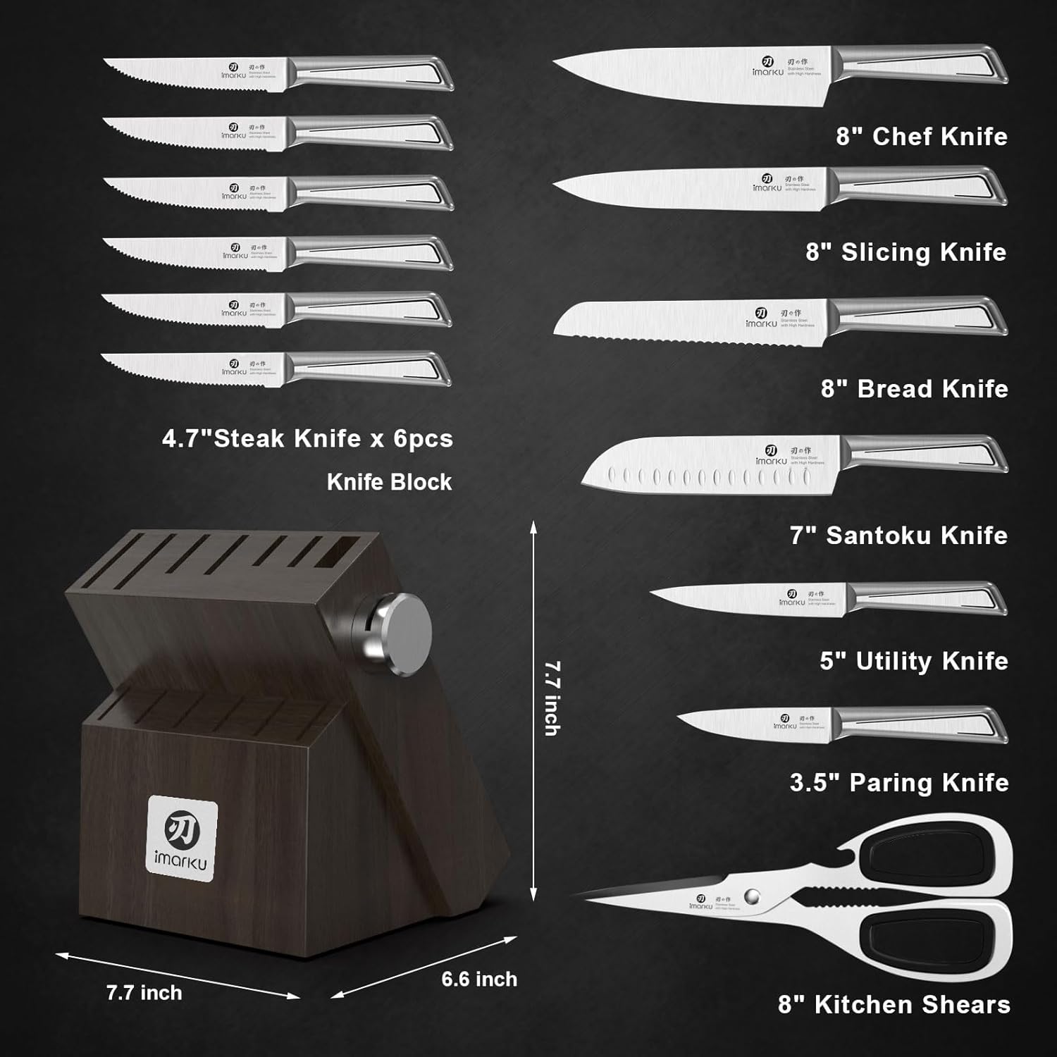 imarku Kitchen Knife Set with Block and Built-in Sharpener, Japanese Stainless Steel 14-Piece Knife Set with Utility Knife, Dishwasher Safe, Non-Slip Ergonomic Handles, Essential Gift for Home Cooks - Image 3