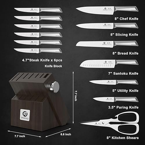 Miniatura 3 de imarku Juego de cuchillos de cocina con bloque y afilador incorporado, juego de 14 piezas de cuchillos de acero inoxidable japonés con cuchillo