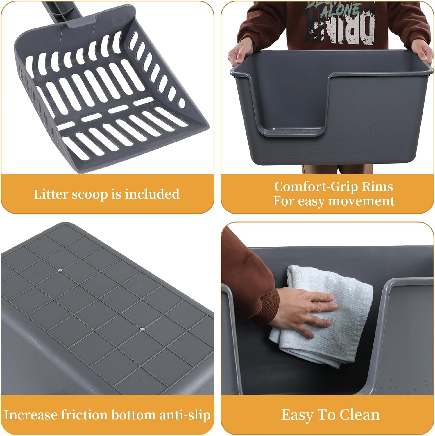 Zopnny 4 Sets Extra Large Litter Boxes for Big Cats Dogs with Scoops, Open Top Cat Litter Basin, 12.8 Inch High Sides Pet Litter Container, Grey