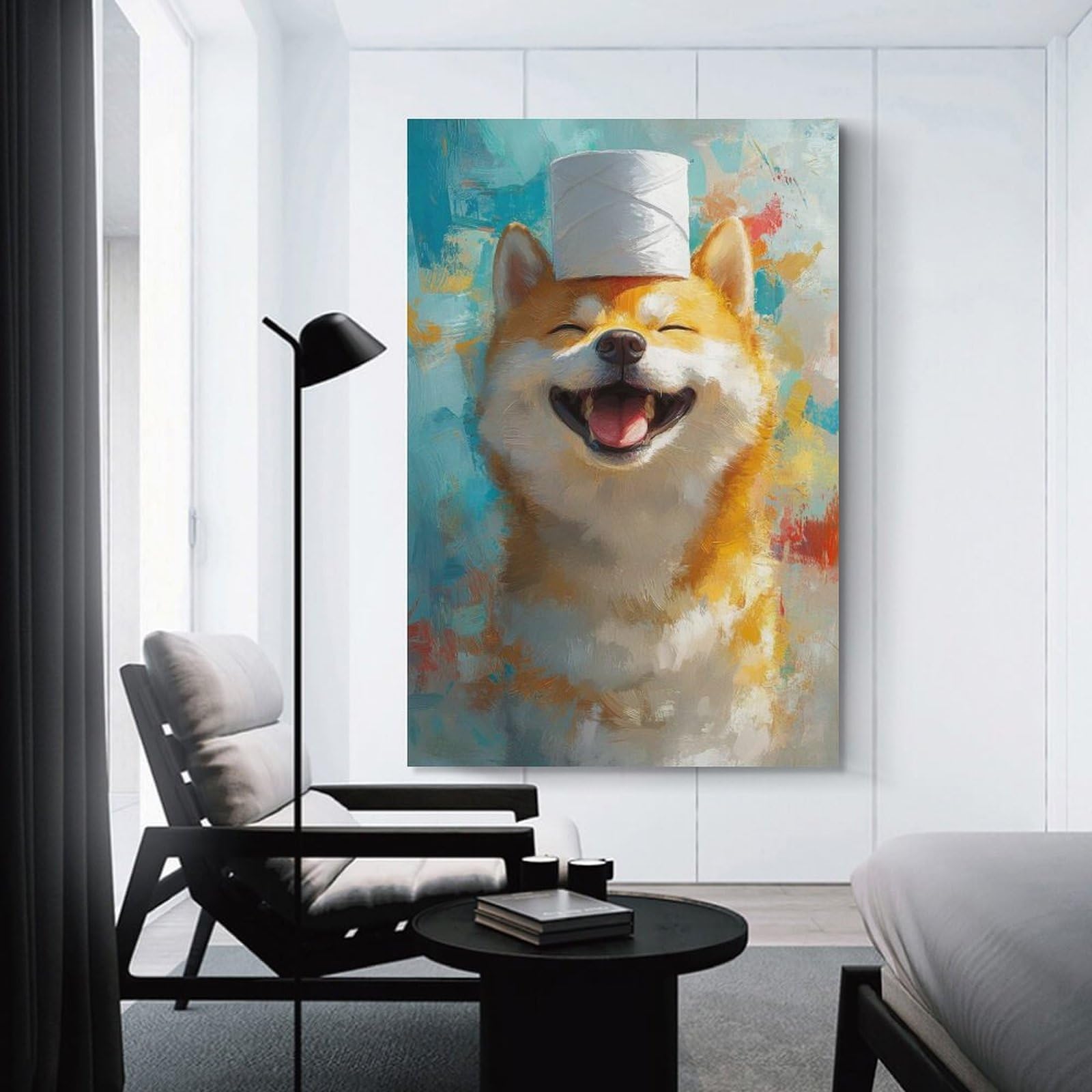 Junmoney Unframe-Style-17 Canvas Wall Art Smiling Shiba Inu With Toilet Paper Hat, 24X36inch(60X90cm), For Lounge Decor, Bedroom Walls Or Flats, Eye Catching Artwork For Blank Walls