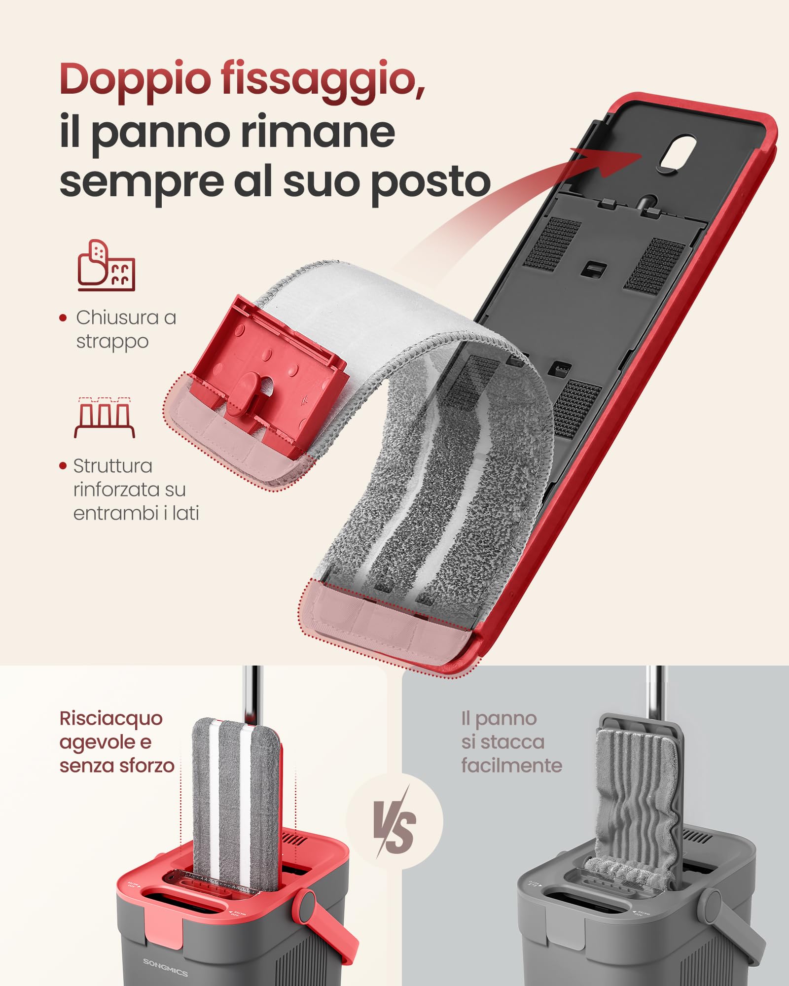 SONGMICS Mocio Lavapavimenti con Secchio, Acqua Pulita/Sporca Separata, Secchio a 3 Scomparti, Strizzatore, Mop Piatto, Testina Girevole a 360°, 5 Panni Microfibra, Grigio e Rosso LMB001GT05