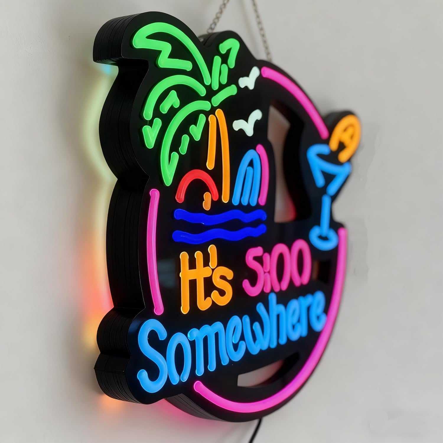 3-Piece Set Five LED Light +Lighting Bolt+ Funny Garage Tin Sign ITS 5 :00 Oclock Somewhere Neon Sign, Man Cave Men, Home Wall Gifts, Decorations Palm Tree Beach Sun, Tiki Bar, Accessories - Image 3