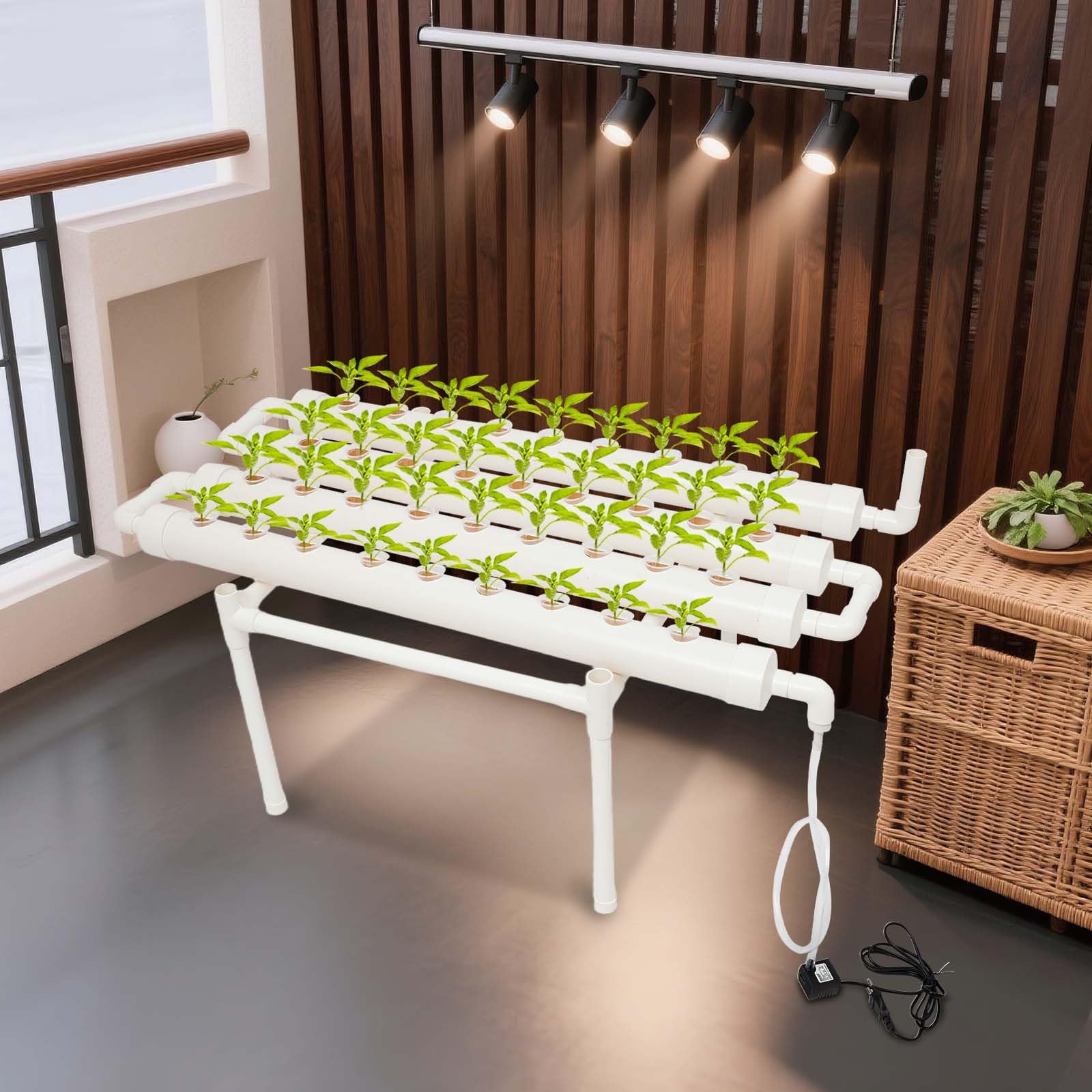 Système hydroponique en PVC - Système de culture de plantes sans terre - 1 couche - 36 trous - Système de culture hydroponique - Avec pompe à eau - Kit de culture hydroponique pour la maison