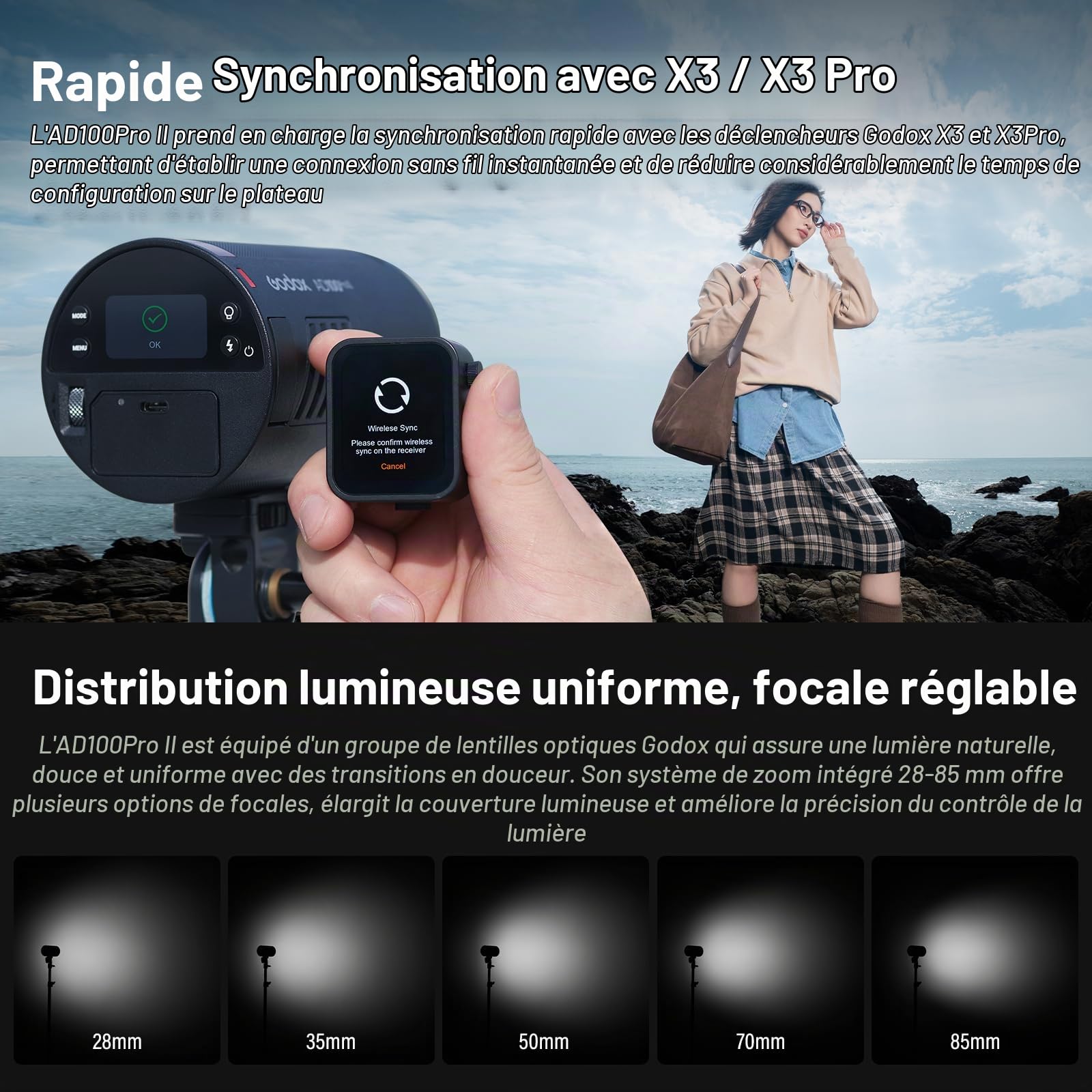 GODOX AD100ProII Flash Kit AD100Pro Upgrade Lumière Strobe Photographie,100Ws 2.4G San Fil HSS 1/8000s Flash Extérieur,USB-C Recharge,Batterie 2850mAh 490 Flashs Pleine Puissance Lampe de Modelage LED