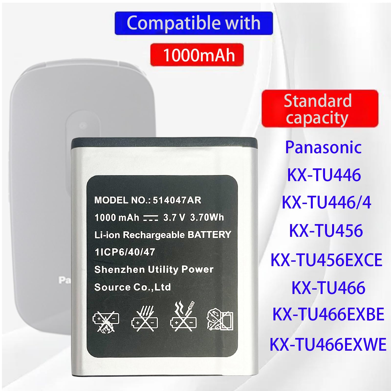 514047AR Batería de Repuesto 514047AR Compatible con KX-TU446, KX-TU446/4, KX-TU456, KX-TU456EXCE, KX-TU466EXBE, KX-TU466EXWE 514047AR