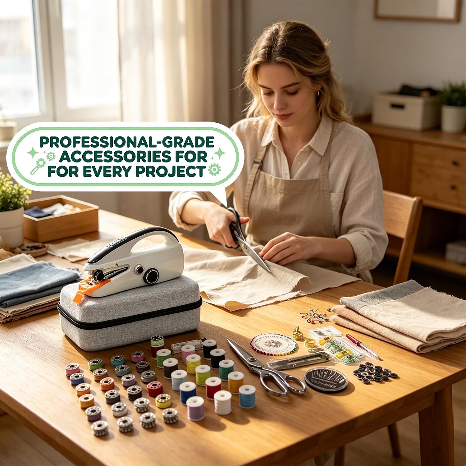 Handheld Sewing Machine for Beginners, 150 Pcs Complete Sewing Kit with Gray Storage Case, Portable Mini Sewing Machine Dual Speed & Dual Power for Daily Mending, DIY Crafts & Fabric Repair