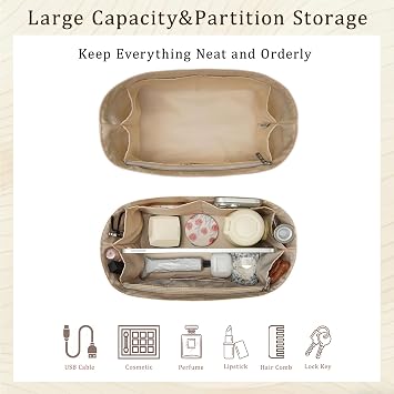 Ultra-light Purse Insert Organizer Compatible with Goyard Saint Louis PM/Never-full MM Bags, Water-proof Dupontpaper Handbag Organizer,Keep Bag Neat(White-Beige)