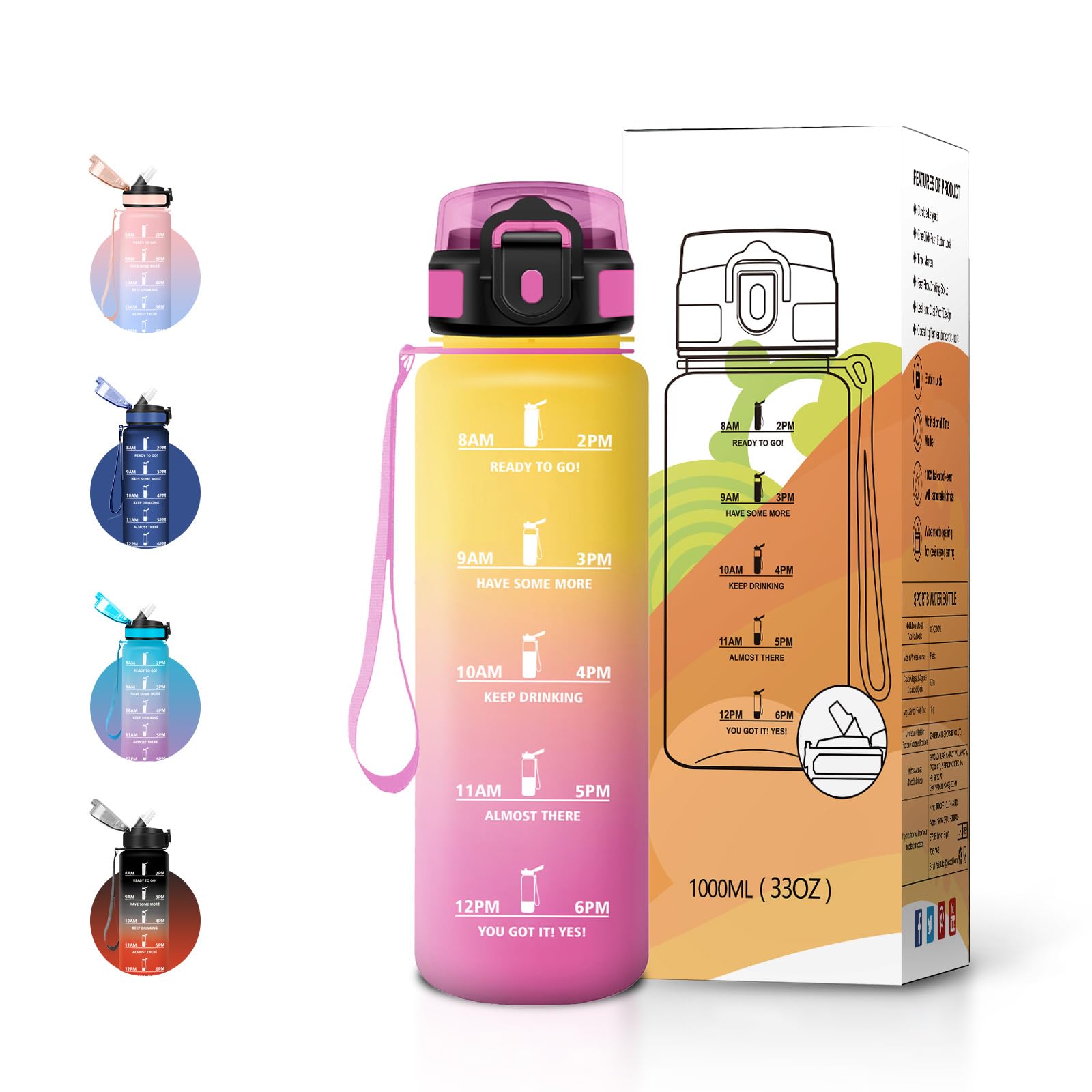 JAPORIA 1L Water Bottle with Straw and Time Markers, BPA Free, Leak Proof, Reusable Water Bottle for Fitness, School and Office
