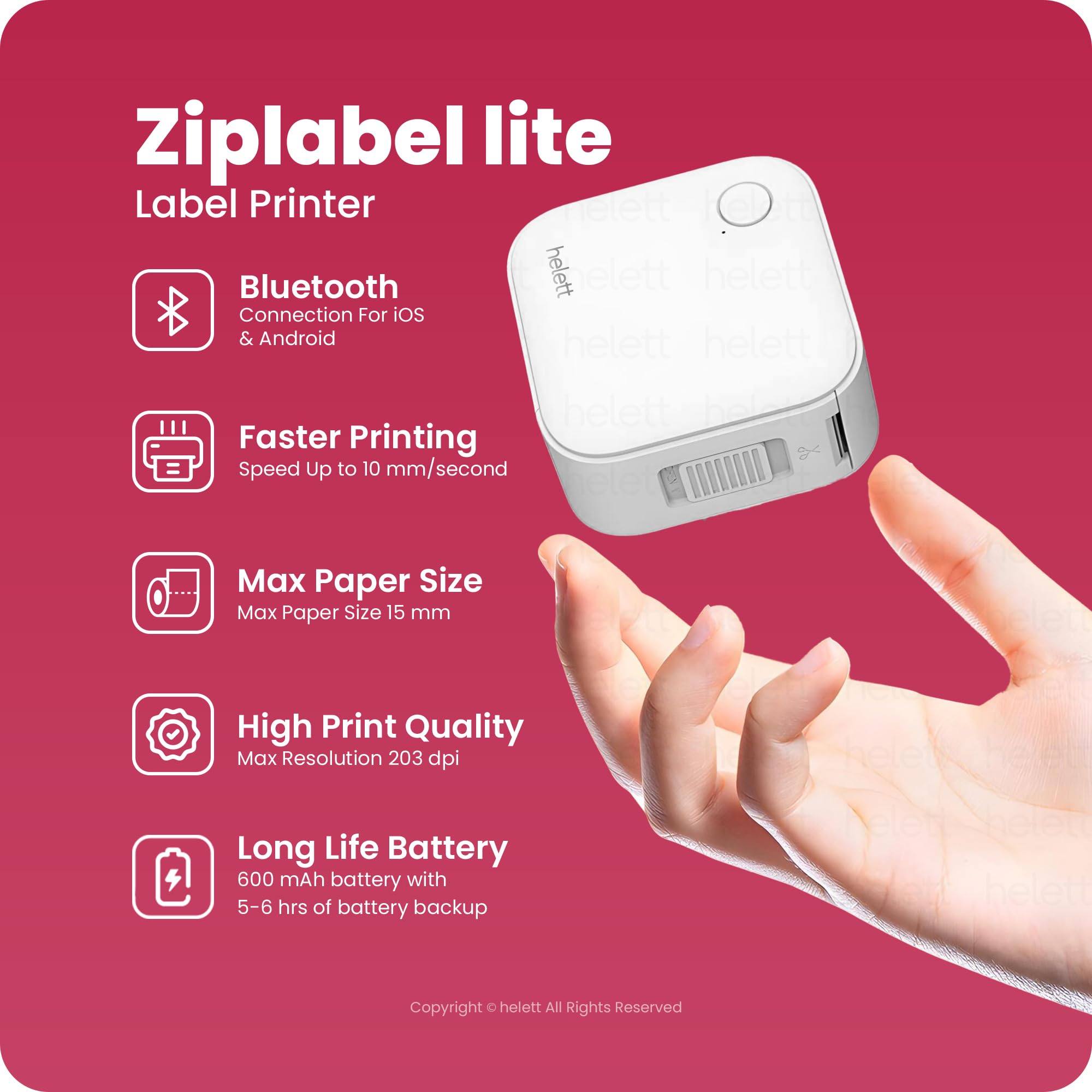 helett® Ziplabel™lite Palm-Sized Bluetooth Wireless Label Printer | iOS & Android Compatible | Mini Portable Sticker Maker for Home, Office, School & Small Business | 600mAh Battery | 2-Year Warranty
