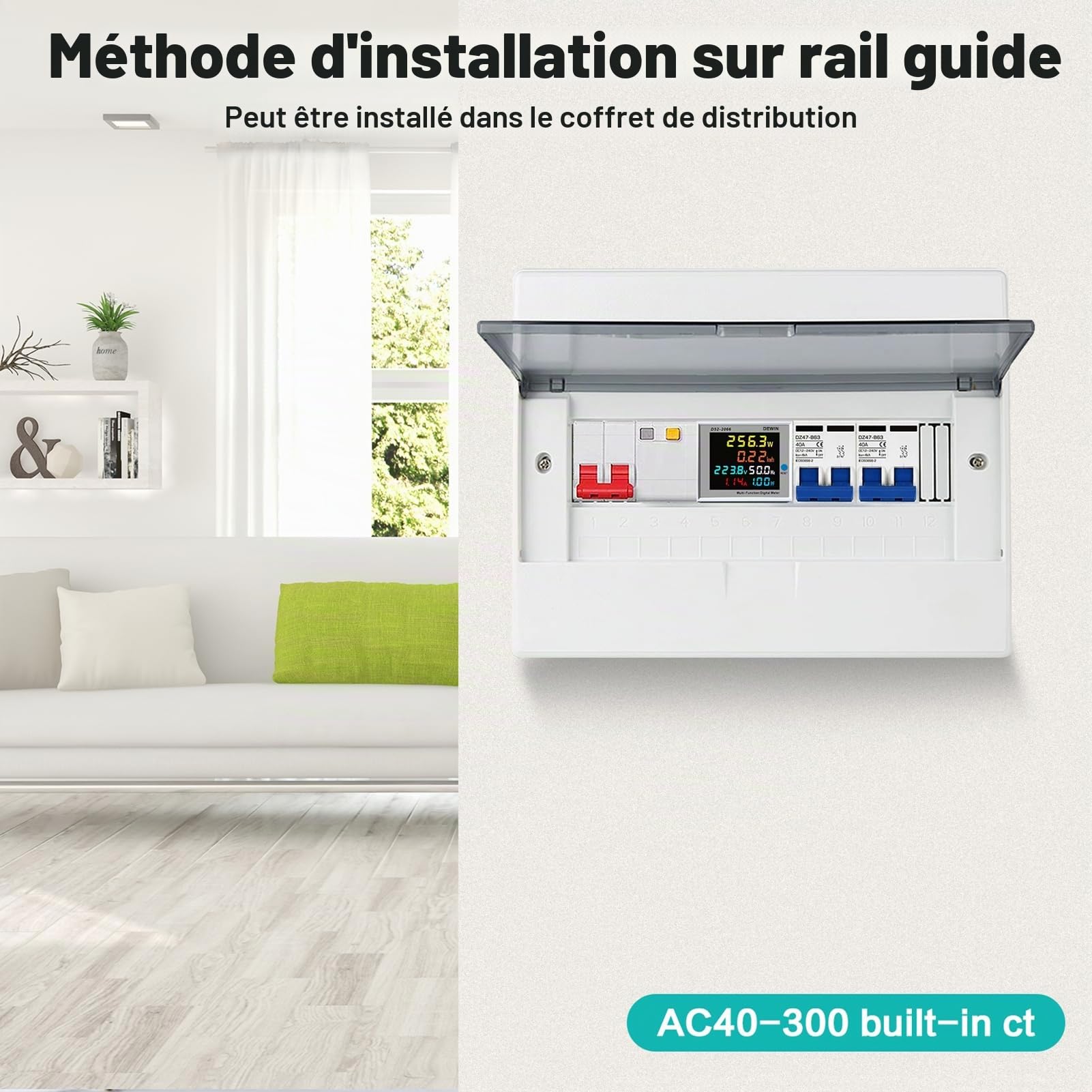 DeWin Compteur d'électricité Numérique, Compteur d'énergie Monophasé Courant Tension Puissance KWH Compteur 6 en 1 Compteur d'énergie avec écran LCD AC 40-300V 0-100A