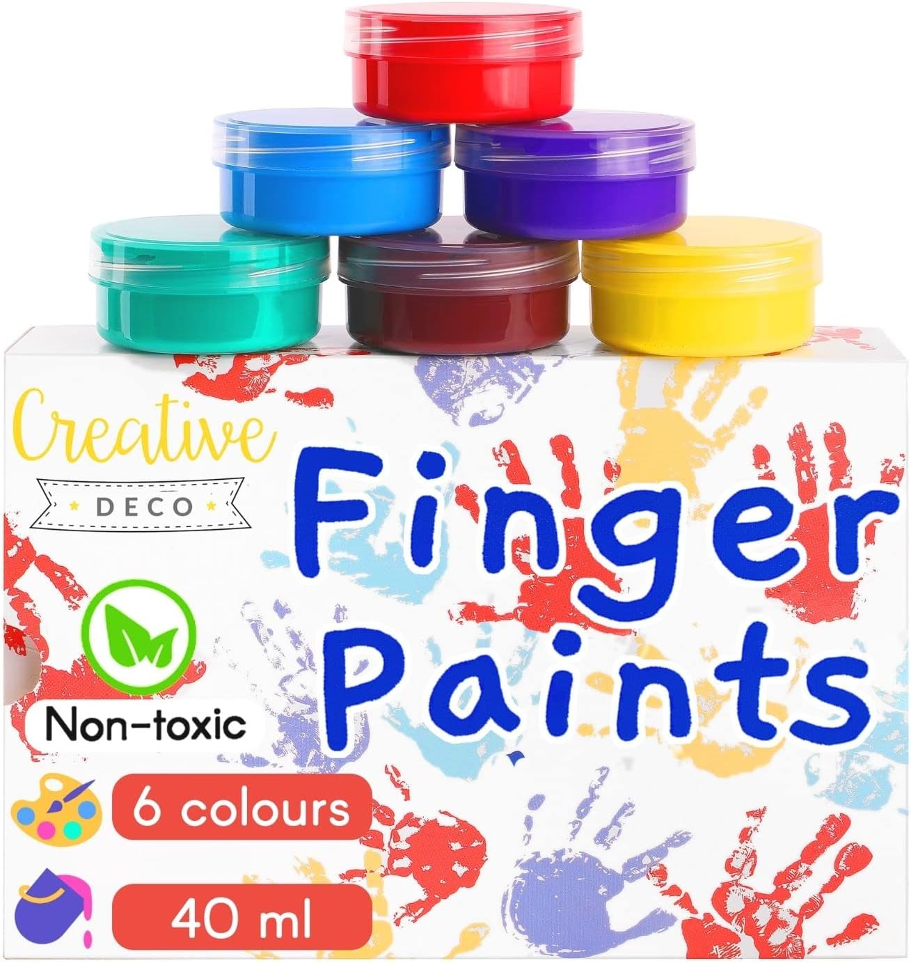 Creative Deco Washable Kids Finger Paints Poster Paint | 6 x 1.35 oz / 125 ml Pot | Non-Toxic & Safe for Baby, Toddler, Child | Intense Colors | Water-Based