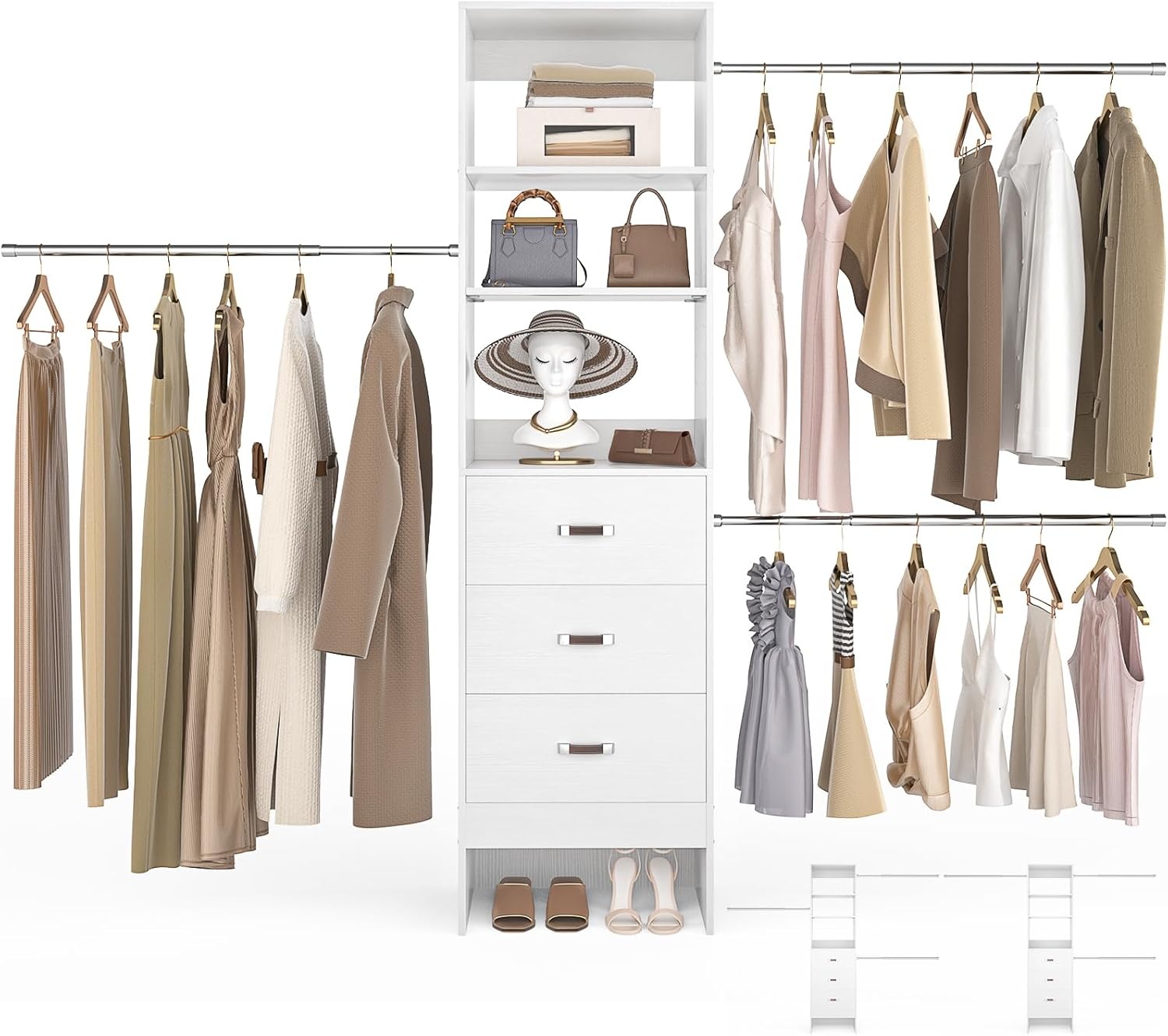 96” Closet Organizer System with 3 Hanging Rods (Without 3 Storage Shelves), 8FT Closet Systems, Wall Mount Bedroom Wardrobe with 3 Wood Drawers, Adjustable Garment Rack from 5 to 8FT, White