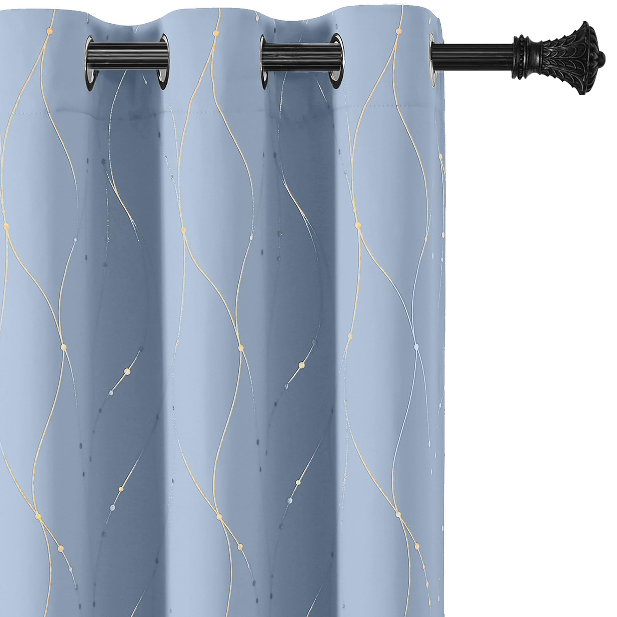 BUHUA Blackout Curtains Gold Foil Print Wave Line and Dots Grommet Drapes, Room Darkening Thermal Insulated Curtains, Noise Reducing Curtain for Bedroom, Blue, 52Wx84L, 2 Panels — image 1
