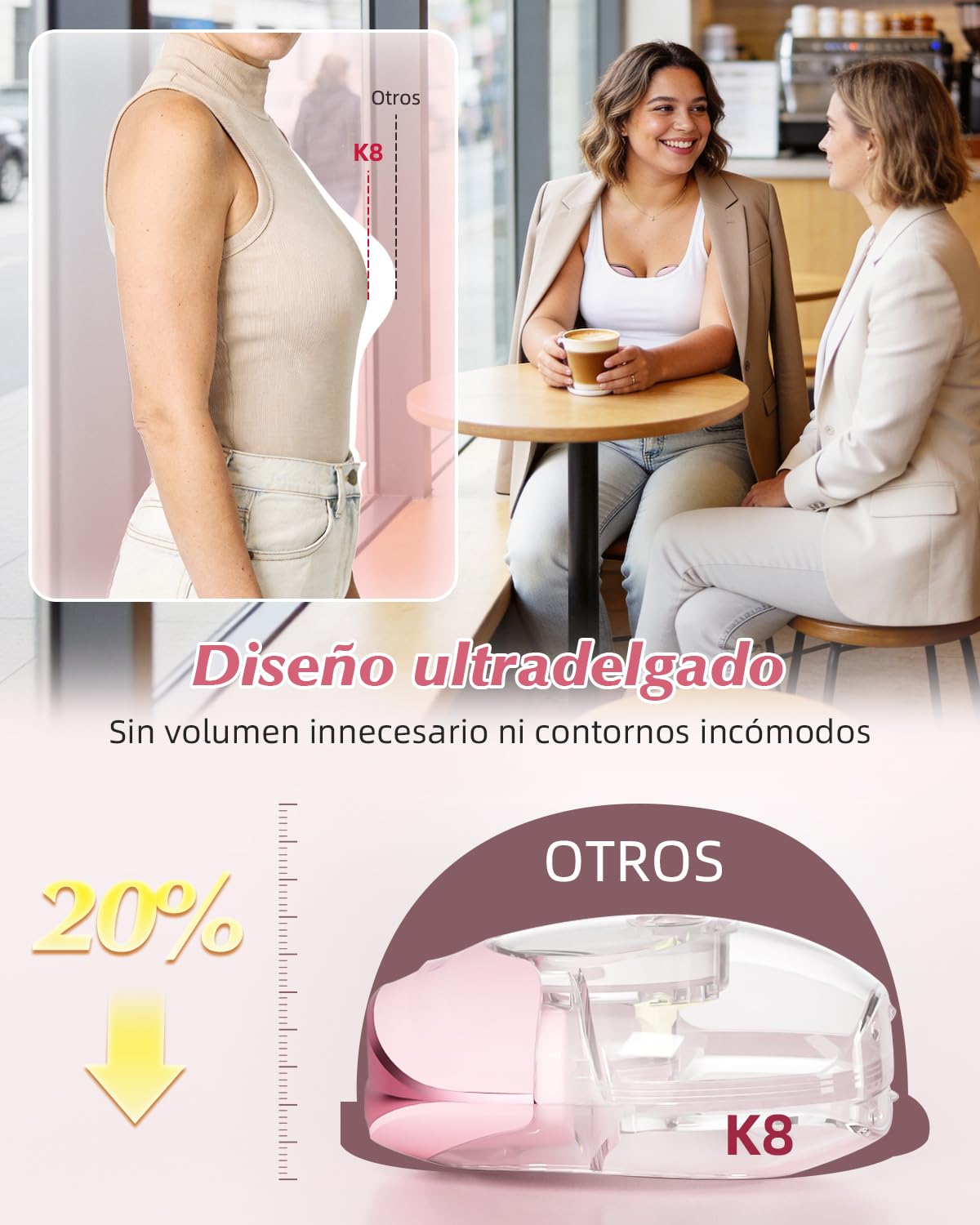 KISSBOBO Set de regalo extractor de leche eléctrico K8, extractor de leche eléctrico ultraplano, 3 modos, 8 niveles, sin manos, manos libres, supersilencioso para bombeo discreto (rosa, 2 unidades)