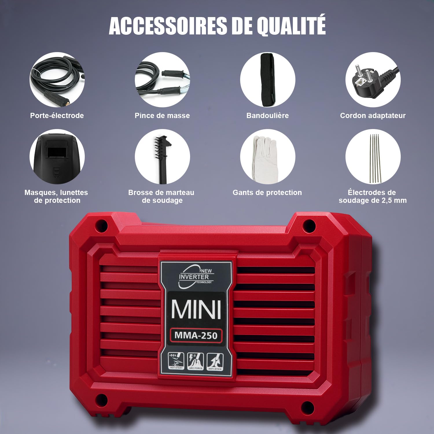 VOBOR Mini Poste a Souder Électrodes, Inverter Poste à Souder Fil Fourré avec Technologie IGBT, Affichage LED, Anti-Stick, Portable Station de Soudage, MMA 250