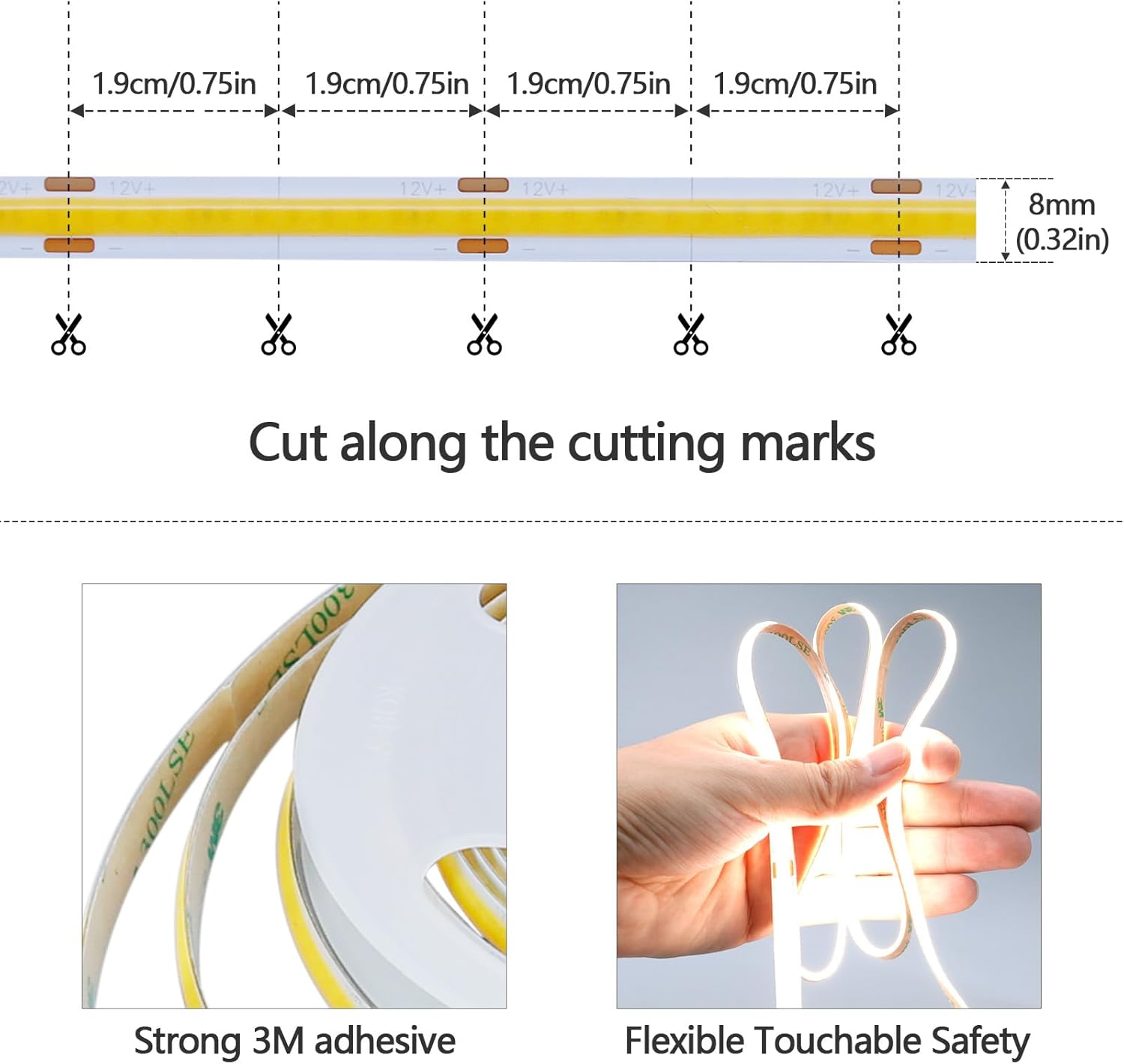 GOMING DC 12V COB LED Strip Light Natural White 4000K 16.4ft(5M) 1560LEDs CRI 93+ Uniform Glow Flexible IP20 Not Waterproof LED Tape Lights for DIY Bedroom Kitchen Home Decor(No Power Supply)