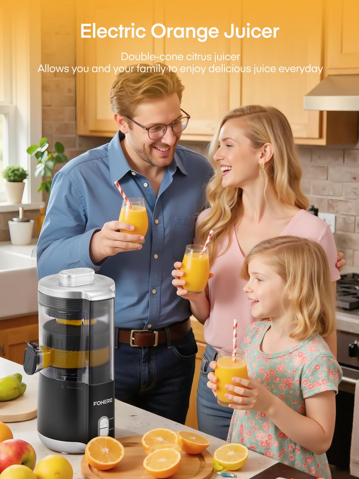FOHERE Presse Agrumes Automatique Electrique Sans BPA, 2 Cônes Interchangeables, Puissant Moteur Silencieux de 100 W, Bec Anti-gouttes, Jus de Fruit Frais Rapide