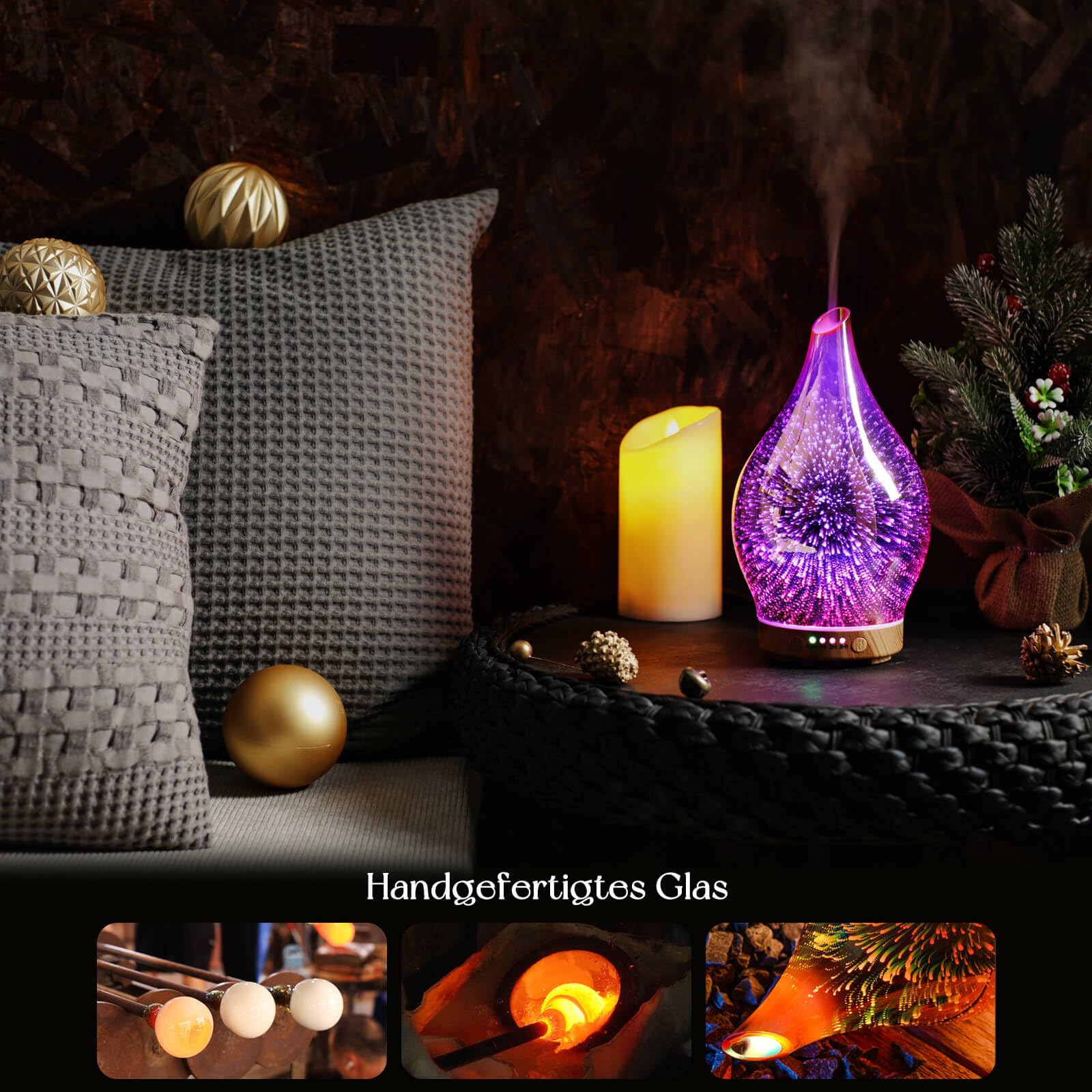 Porseme Aroma Diffuser 150ml, Handgeblasen 3D Glas Luftbefeuchter, Ultraschall Aromatherapie Öle Diffusor mit 7 farbigem LED Licht, Diffusor für Ätherische Öle mit Timer BPA Frei für Wohnung(RoseGold)