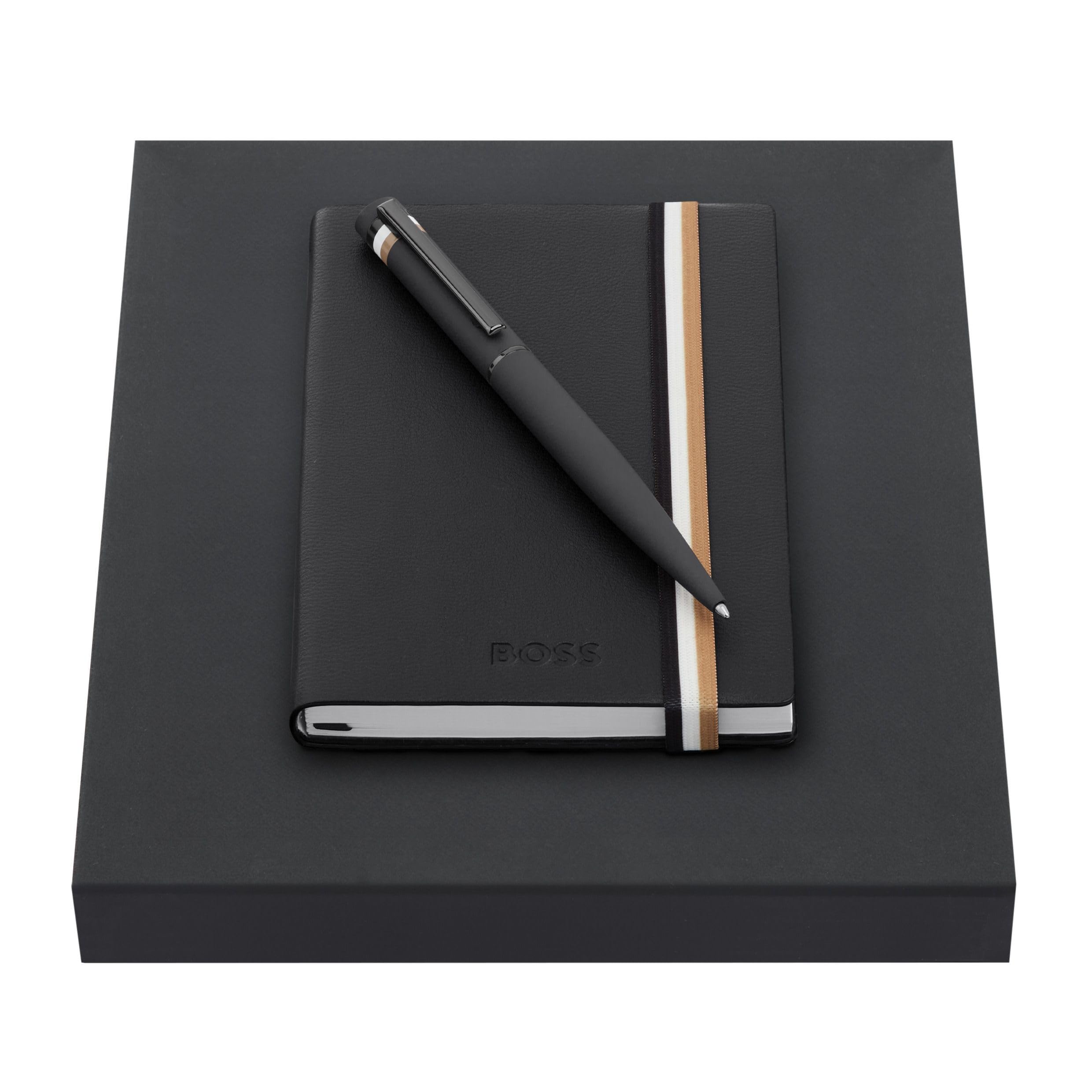 BOSS HUGO Schreibset Black – Kugelschreiber Iconic Black & A6 Notizbuch – Edles Geschenkset in Schwarz