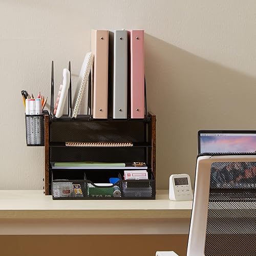 Miniatura 8 de Y YOMA Organizador de escritorio de madera con cajón y 2 soportes para bolígrafos, organizadores de escritorio compactos de malla de 4 niveles con 5