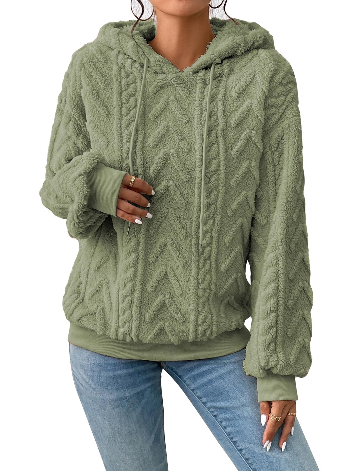 Zetieny Donna Felpa con Cappuccio in Pile Pullover Jacquard a Maniche Lunghe Top Casual Oversize con Coulisse