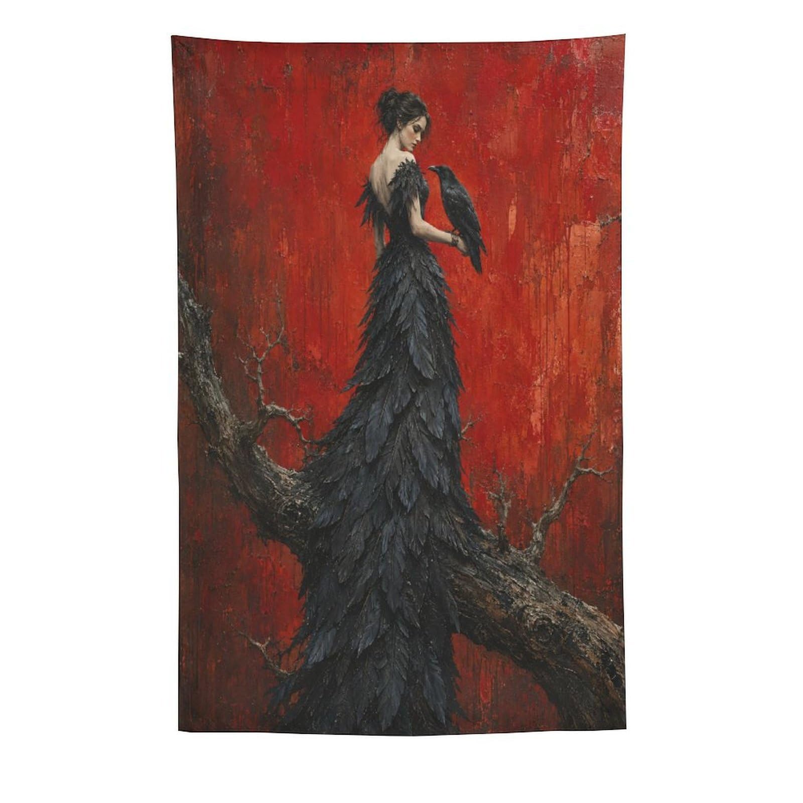 W7C8U2X3 Raven Woman with Feather Dress Wall Tapestry, Gothic Fantasy