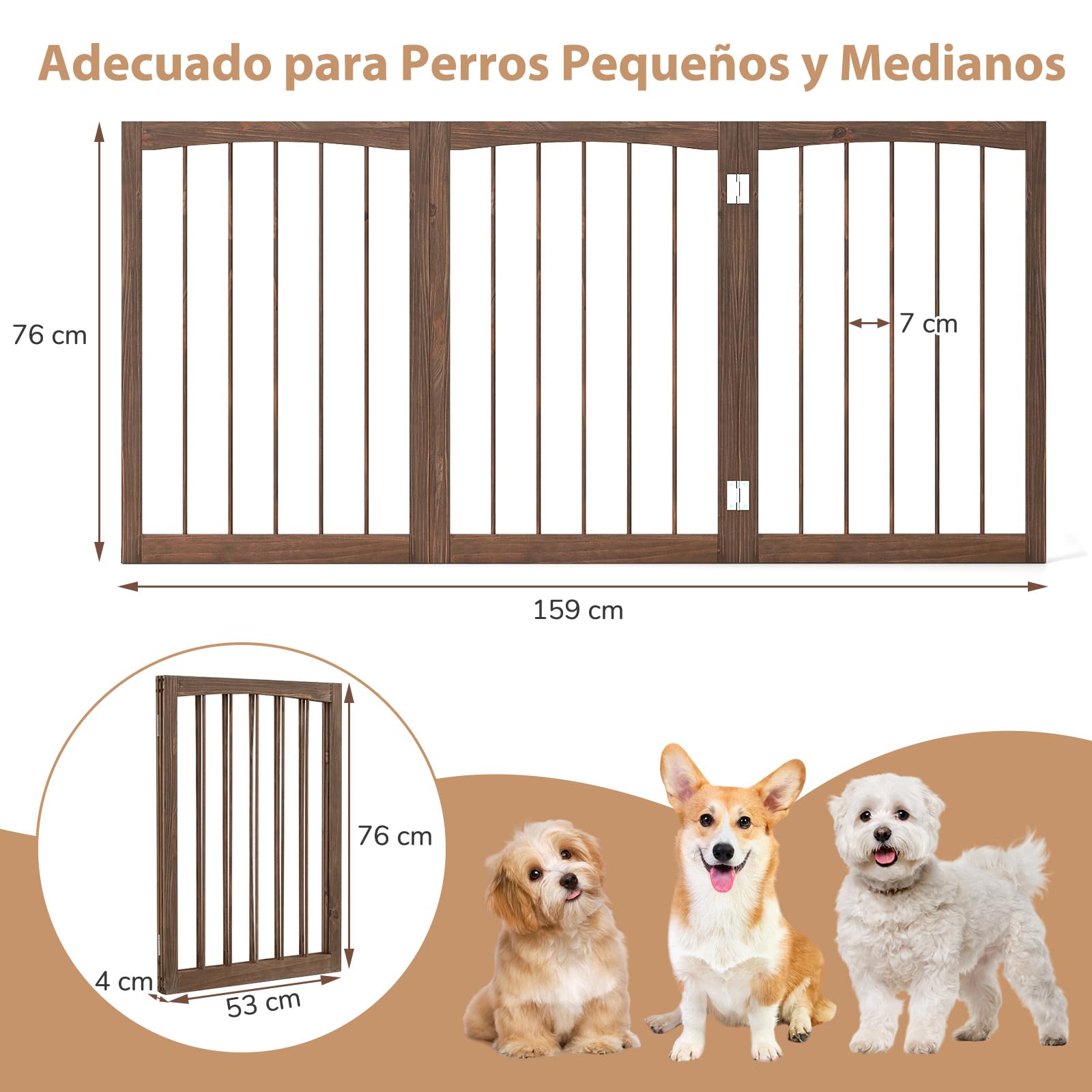 COSTWAY Barra para Perros Plegables, Barrera de Seguridad para Interiores, Separador de Habitaciones de 3 Paneles Plegable y Autoportante para Mascotas Pequeños y Medianos (Marrón)