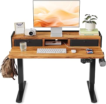 YIHAYO Low Height Adjustable Desk with Drawers, Lifts 18.1-28.3 Inches, Electric Standing Desk with Storage Shelf for short people, 40 x 24 Inches Table with Splice Board for Home Office, Rustic Brown