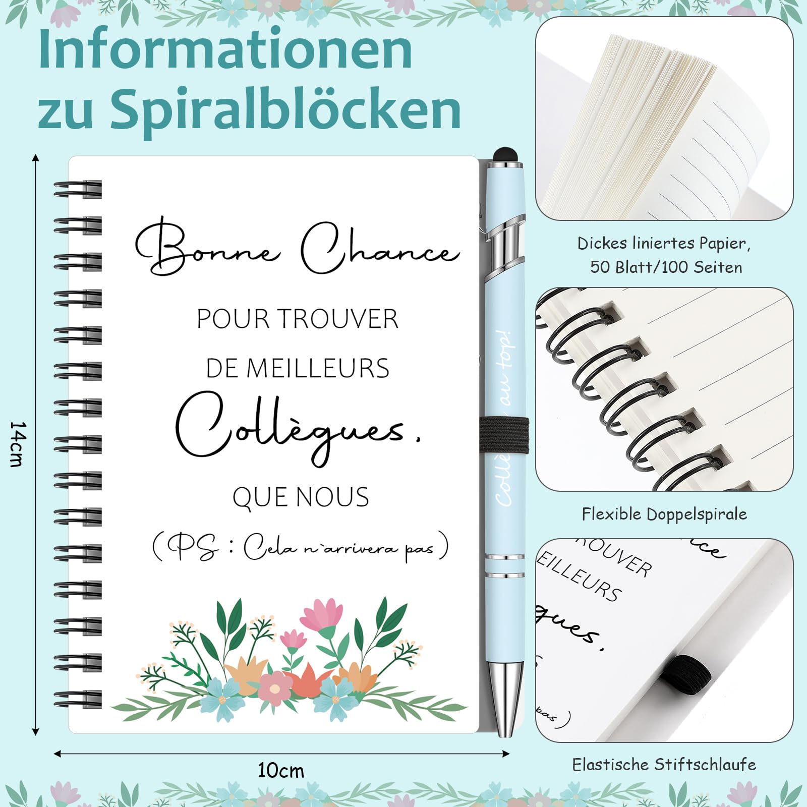 Sinmoe Cadeau Collègue de Travail Femme Remerciement Noël Set 3 Pièces Mini Carnet Spirale Stylo Bille Porte-Clé Départ Retraite Bleu Brume