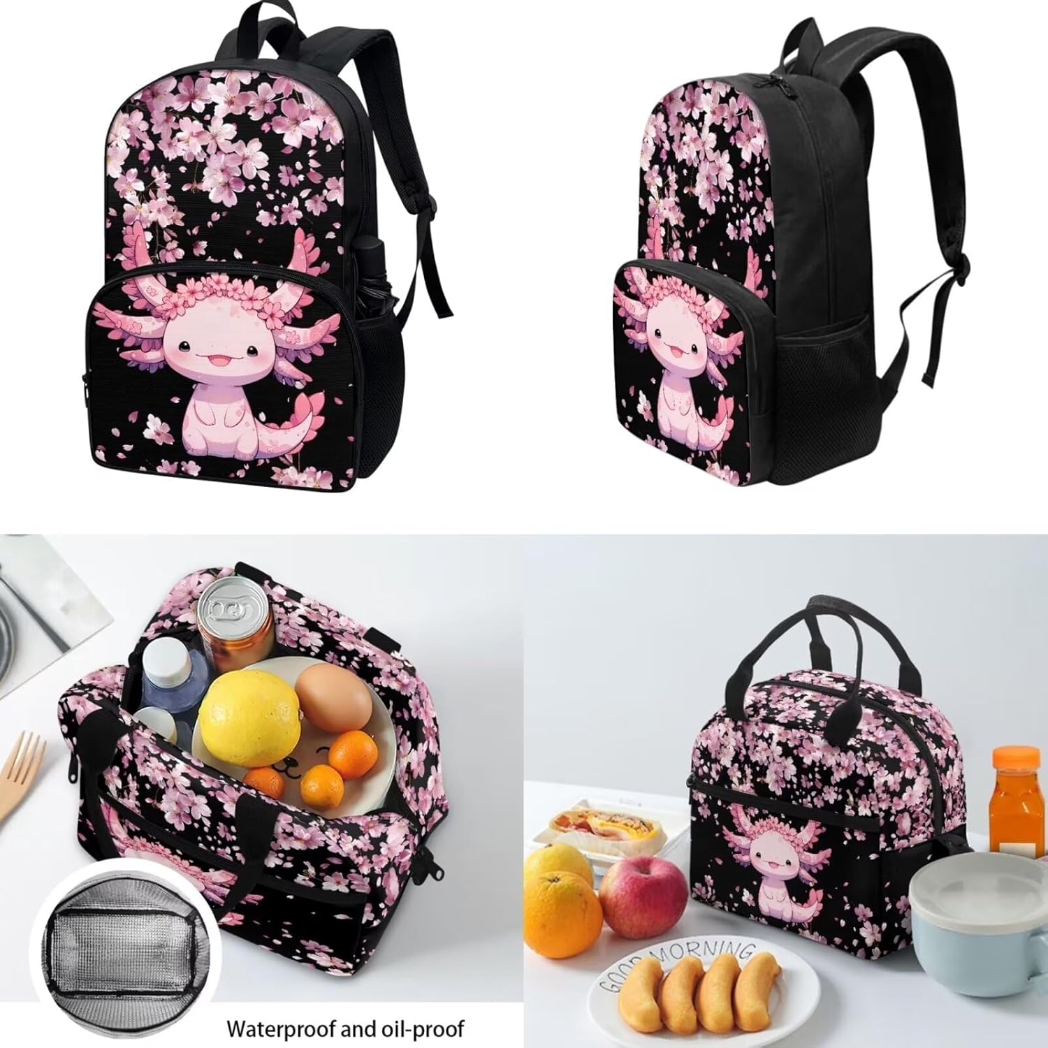 Tuoxiukan Axolotl Backpack and Lunch Box Set for Girls Elementary School 3 Piece Bookbag with Lunchbag Pencil Case Cherry Blossom School Bags Large Capacity Cute Shoulders Back Pack