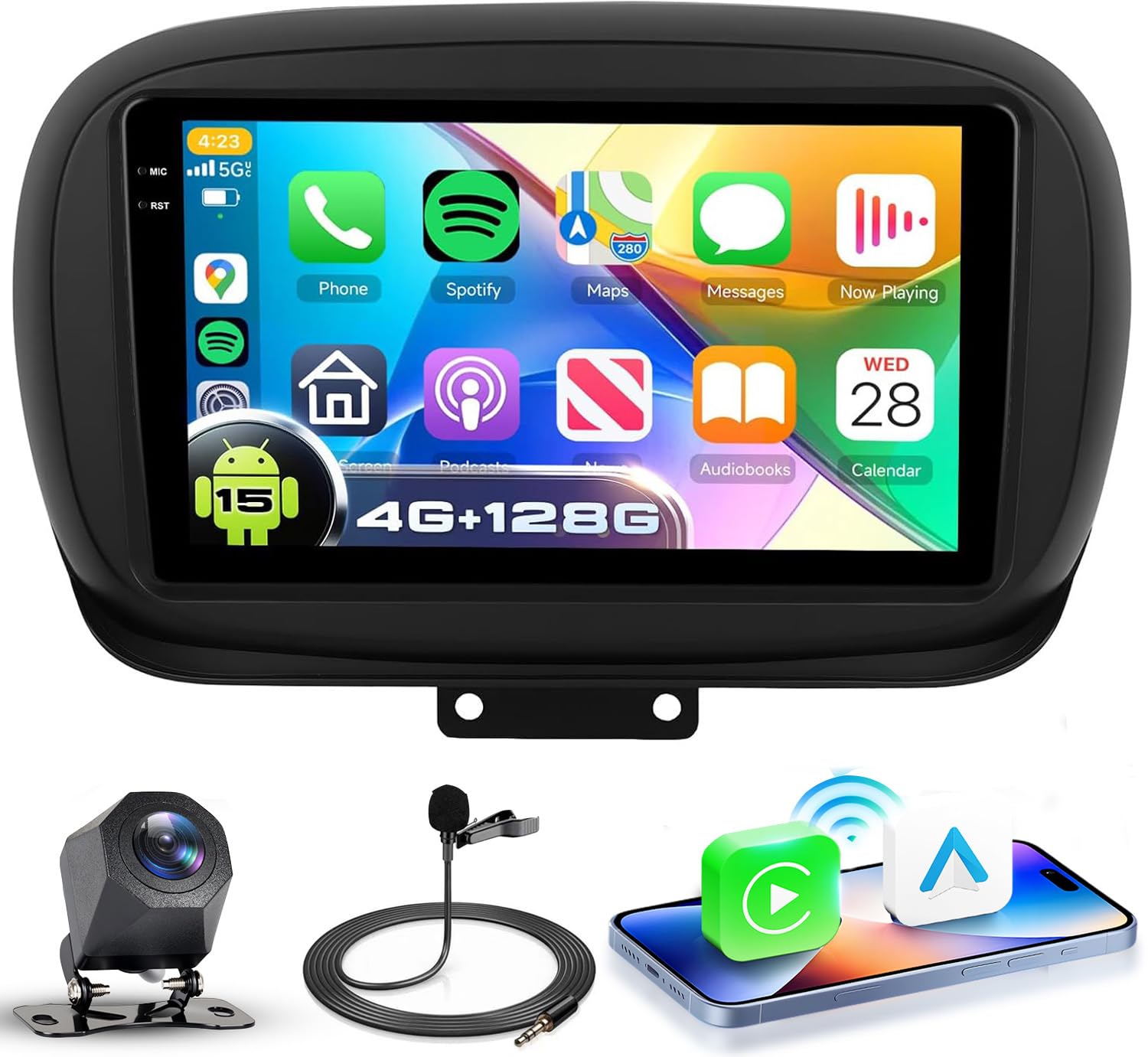 VECHTEL 4G+128G Autoradio Android 15 per FIAT 500X 2014-2020, 9'' In-Cell HD Schermo Tactile co Carplay Android Auto senza Fili, Stereo Auto Supporto GPS Wi-Fi USB Bluetooth Radio FM RDS Retrocamera