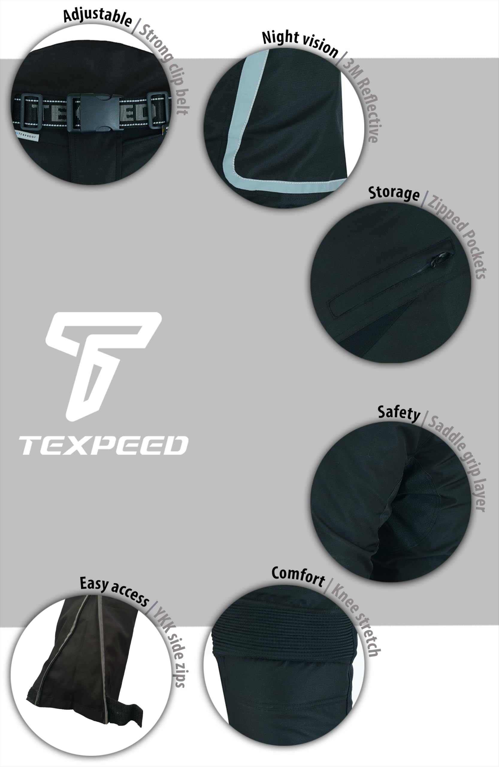 Texpeed Motorcycle Biker Trousers Mens Motorbike Waterproof Textile Cordura Pants With Protective CE Armour (EN 1621-1) Black - 40W / 30L — view 5
