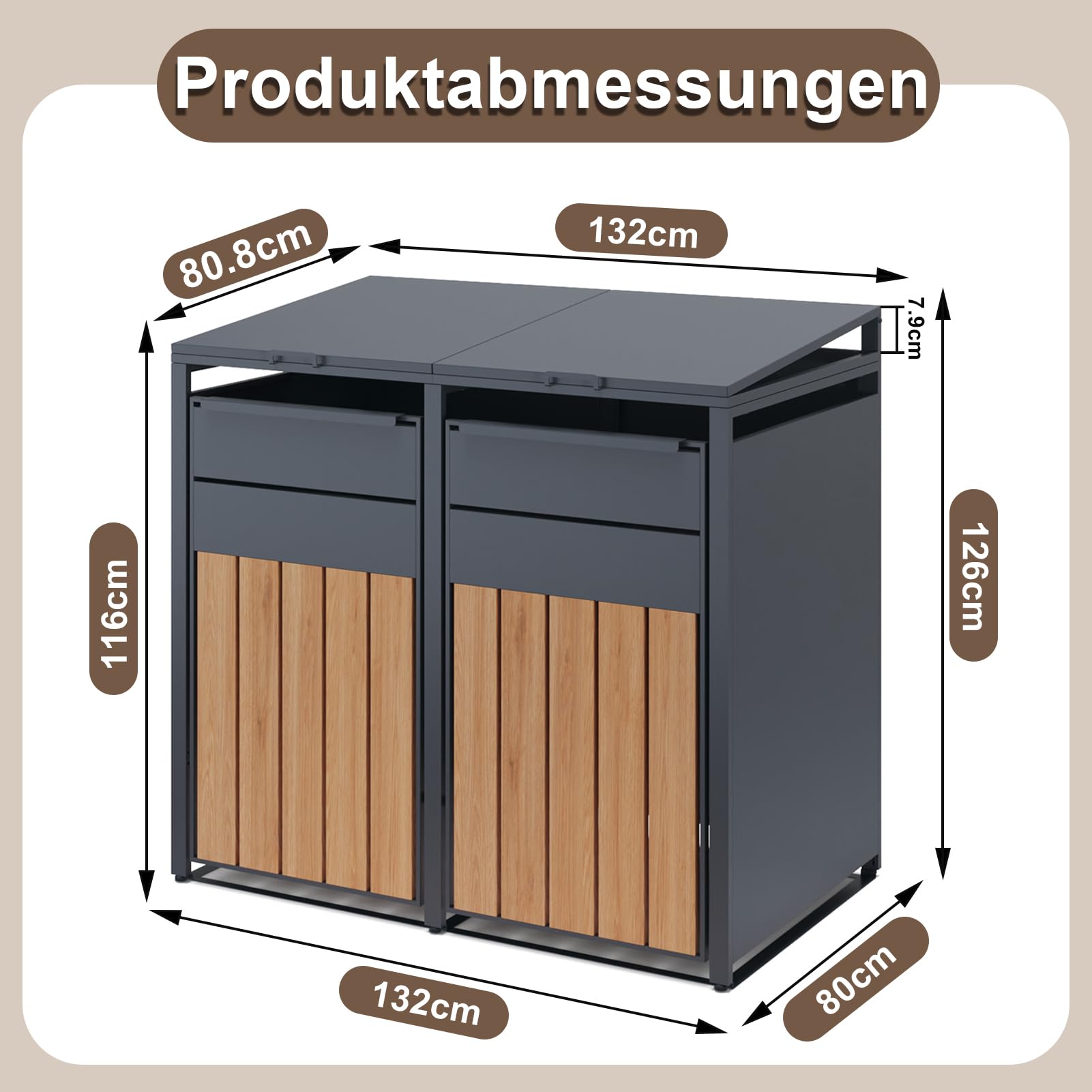 OMERAI Mülltonnenbox 2er für 2 Mülltonne bis 240L - Hochwertige Mülltonnenverkleidung - Wetterfest- Anthrazit Verzinkter Stahl mit Holzoptik - Müllbox Mülltonnecontainer