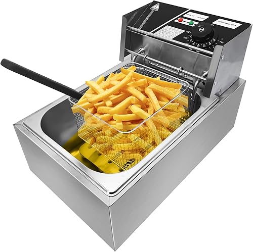 Freidora eléctrica comercial con cesta y tapa, freidora de cocina de encimera de 11.4 cuartos de galón, freidora francesa de acero inoxidable