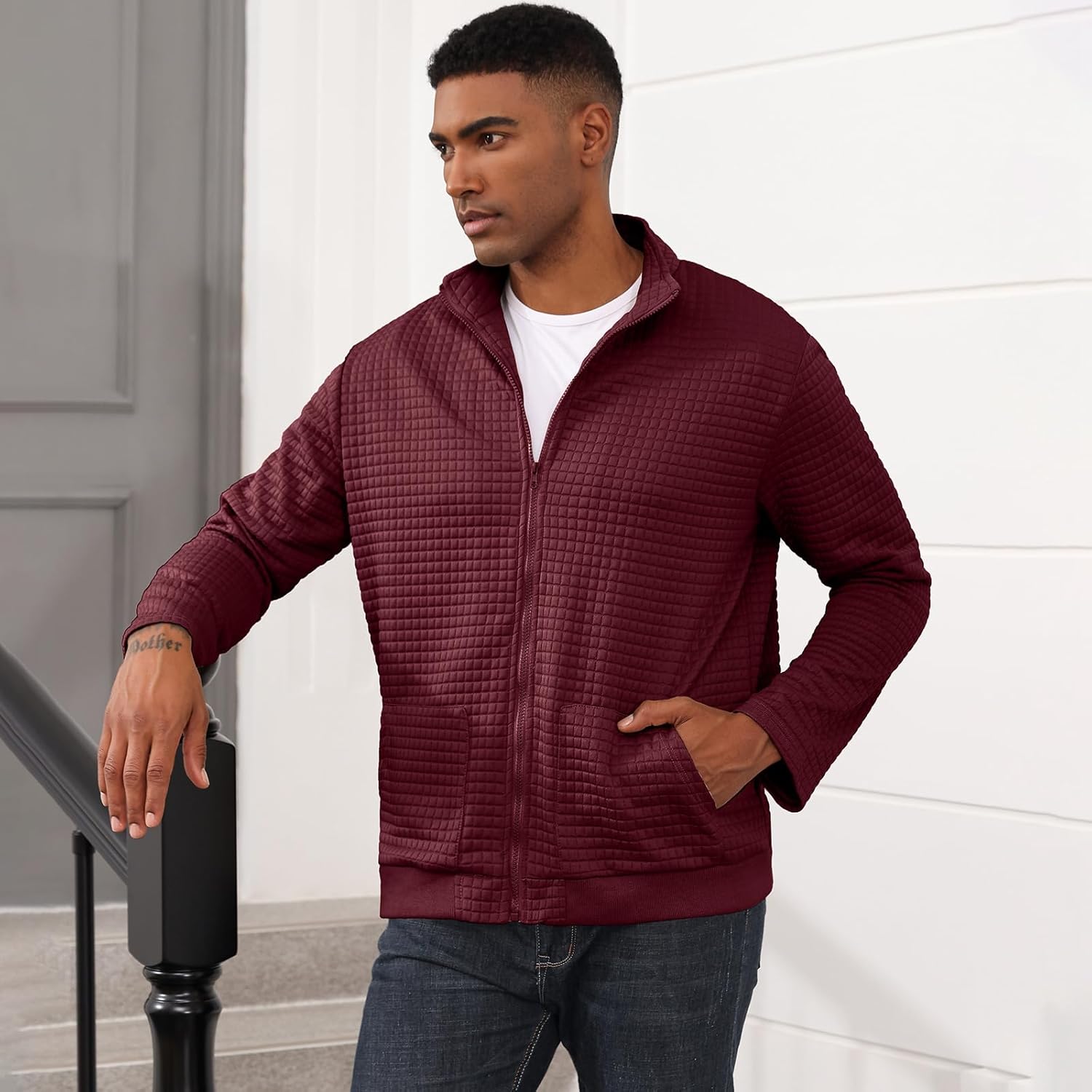 Oymyakon Men's Lightweight Varsity Jacket Spring Casual Stylish Bomber Jacket Waffle Zip Up Coat with Pockets - Image 2