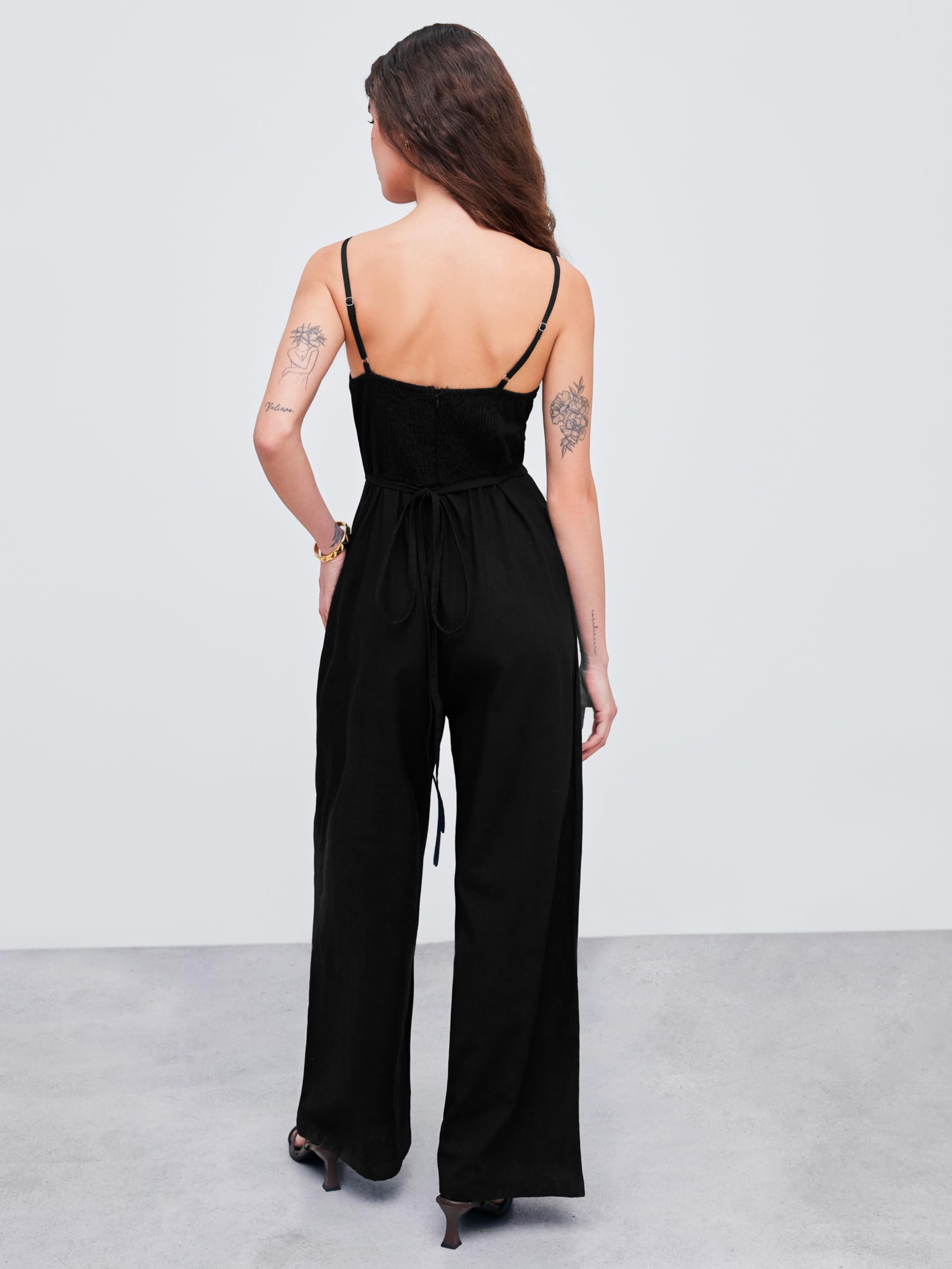 CIDER Jumpsuits for Womens Cotton-blend Square Neck Solid Shirred Jumpsuit Womens Overalls: Black Small