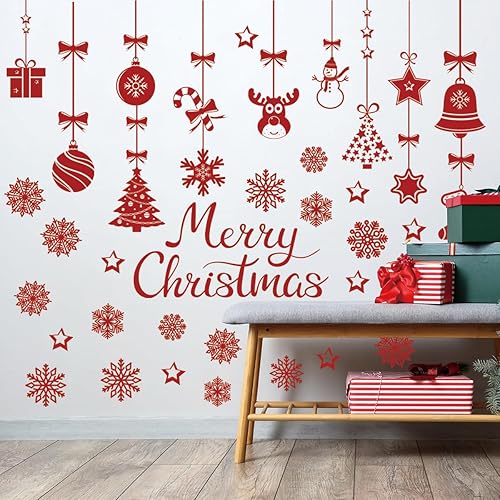 Miniatura 4 de 48.42 x 43.31 pulgadas, calcomanía de pared de Feliz Navidad, árbol rojo de Navidad, bola de luz de Navidad, copo de nieve, ciervo, calcomanía de