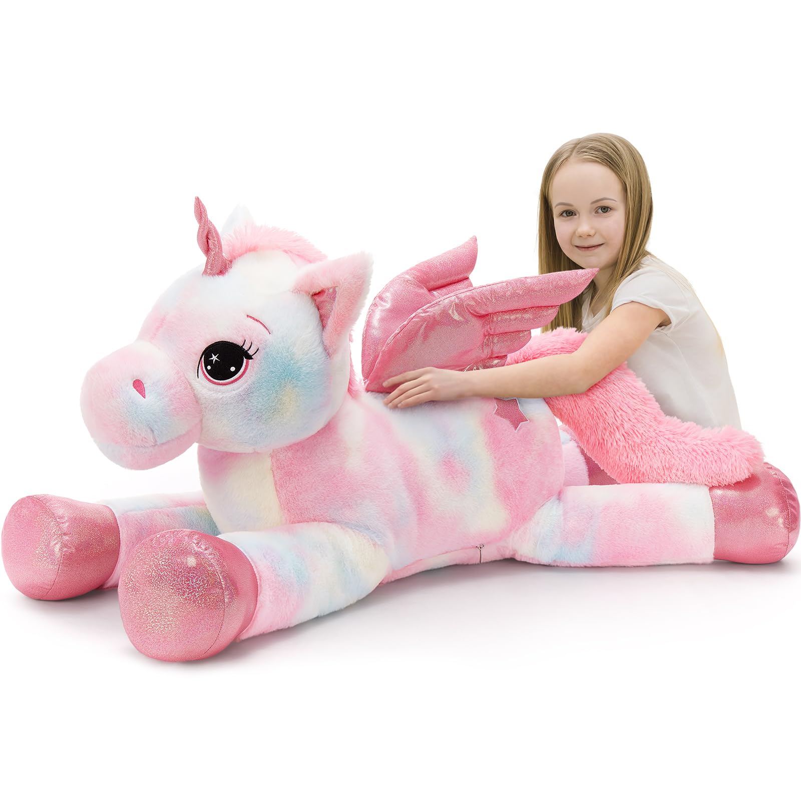 MorisMos XXL Unicorno Peluche Gigante, 110cm Tie-dye Rosa Unicorno Grande con Le Ali, Morbido di Peluche Regalo per Bambini Fidanzata Compleanno Natale