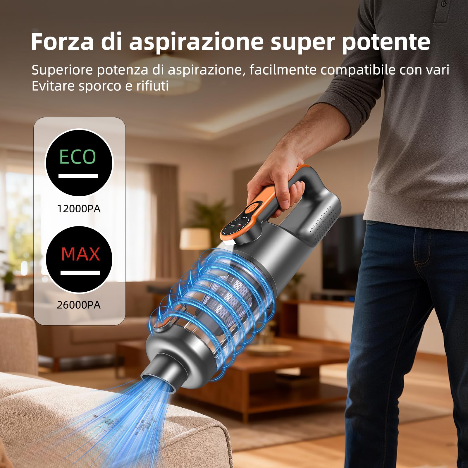 Aspirapolvere Senza Fili, 26000Pa 4-in-1 Aspirapolvere Auto Potente, Scarico Polvere One-touch, Motore Brushless, display HD e Illuminazione, Aspirapolvere Portatile per Casa/Ufficio/Auto, Arancione