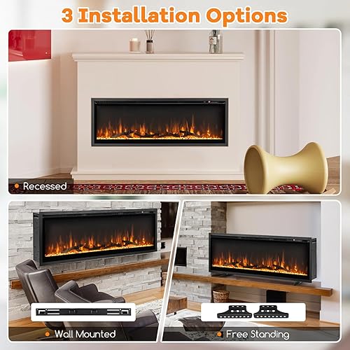Miniatura 6 de ORALNER Inserto de chimenea eléctrica de 36 pulgadas de ancho, empotrado y montado en la pared con termostato, 9 colores de llama y 5 brillo