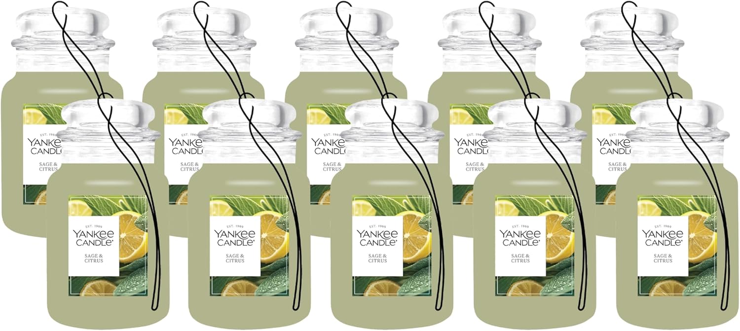Yankee Candle Classic Paper Car Jar Air Freshener, Hanging Car Freshener, Long Lasting Odor Neutralizing Car Fragrance, Sage & Citrus (Pack of 10)